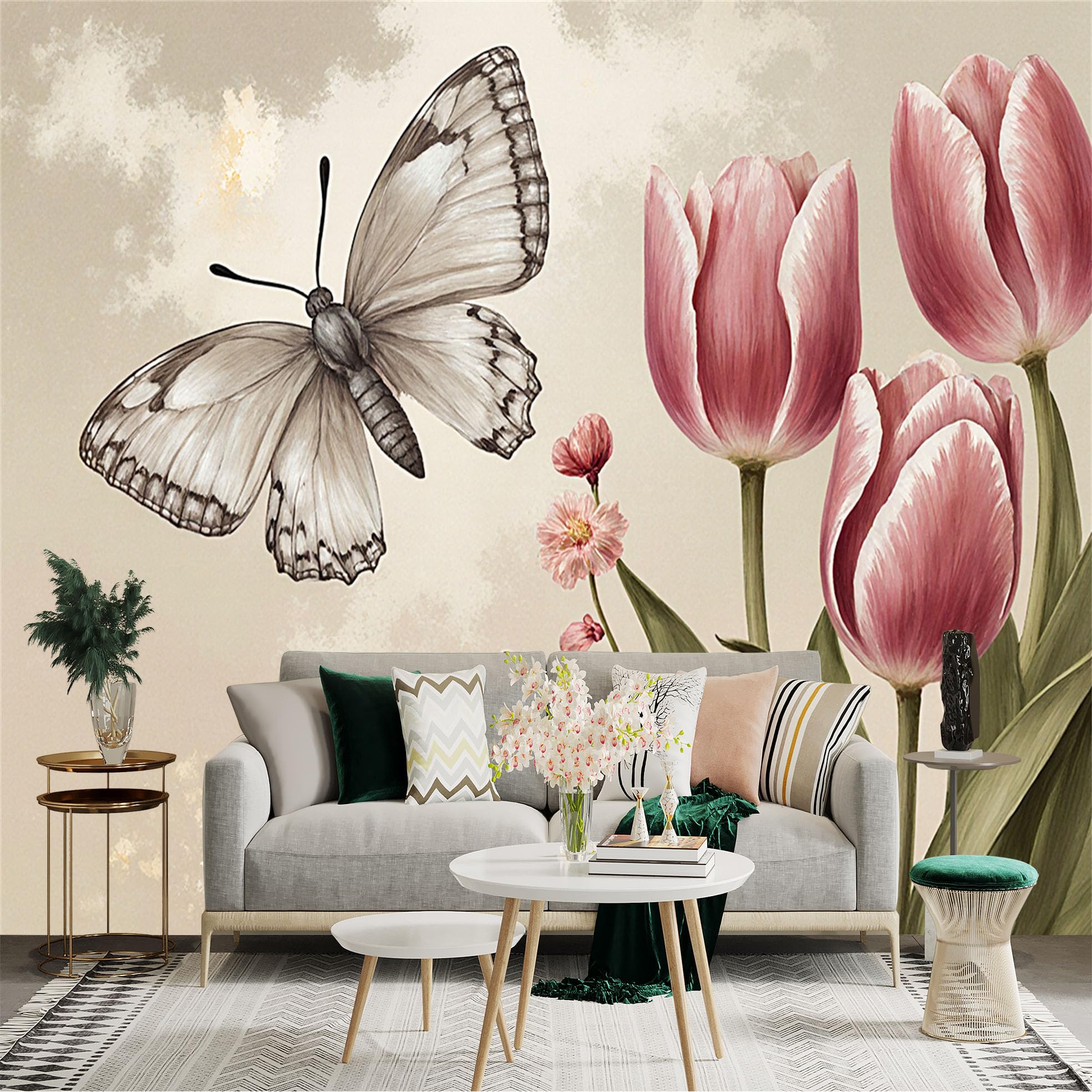 Custom Size Wall Sticker Mural， Elegant Butterfly with Soft Pink Tulips， Vintage Botanical Art Style， for wall Decoration， peelandstick wall Decals.