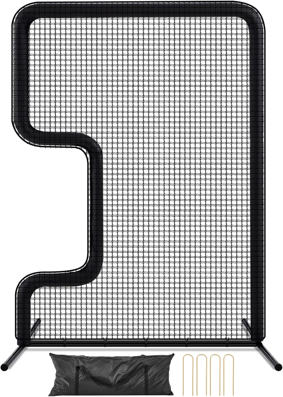 Standard C Shaped Pitching Screen Softball Baseball Pitcher Pitching Machine Protector with Frame Cover Carry Bag, 7'H x 5'W 45 Ply Netting with 3'' x 18'' Cutout 1.5'' Diameter Frame
