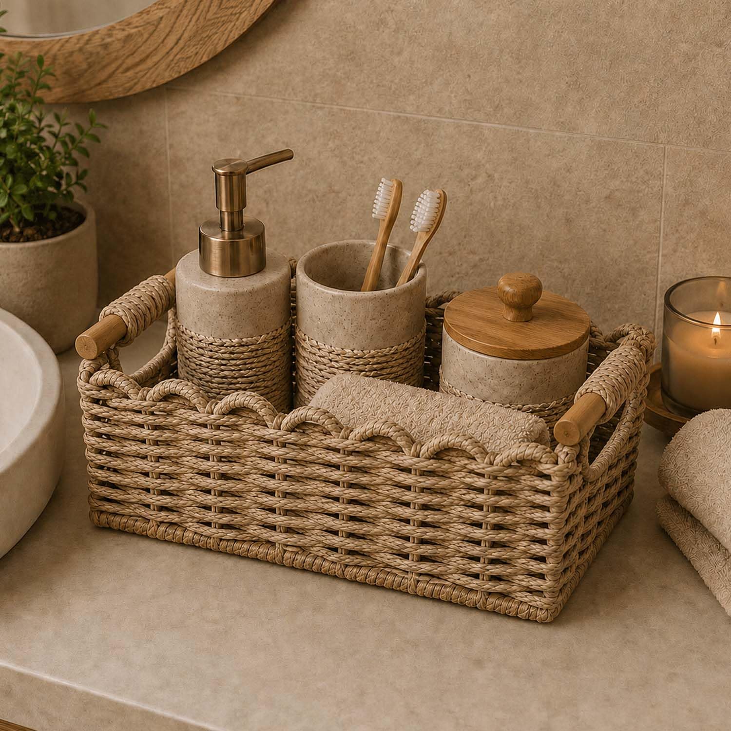 Amazon Brand – Umi Handmade Raffia Storage Basket with Wooden Handles 12 Inch | Multipurpose Shelf Organizer Basket with Metal Frame | Decorative Storage Tray for Table, Shelf, Kitchen & Living Room-image-48