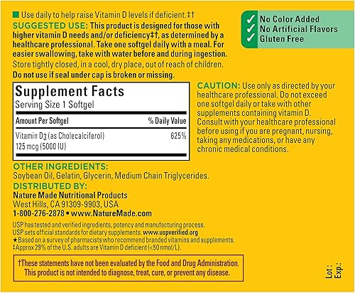 Miniatura 10 de Nature Made Extra Strength Vitamina D3 5000 IU 125 mcg suplemento dietético para huesos dientes músculos e inmunes 180 cápsulas blandas y suministro