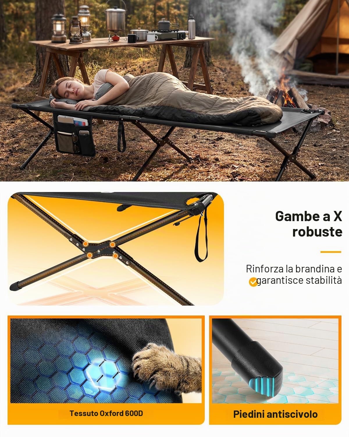 Sportneer Lettino da campeggio, lettino militare portatile per dormire, 198,9 x 72,9 x 37,1 cm, letto pieghevole resistente per adulti e adolescenti