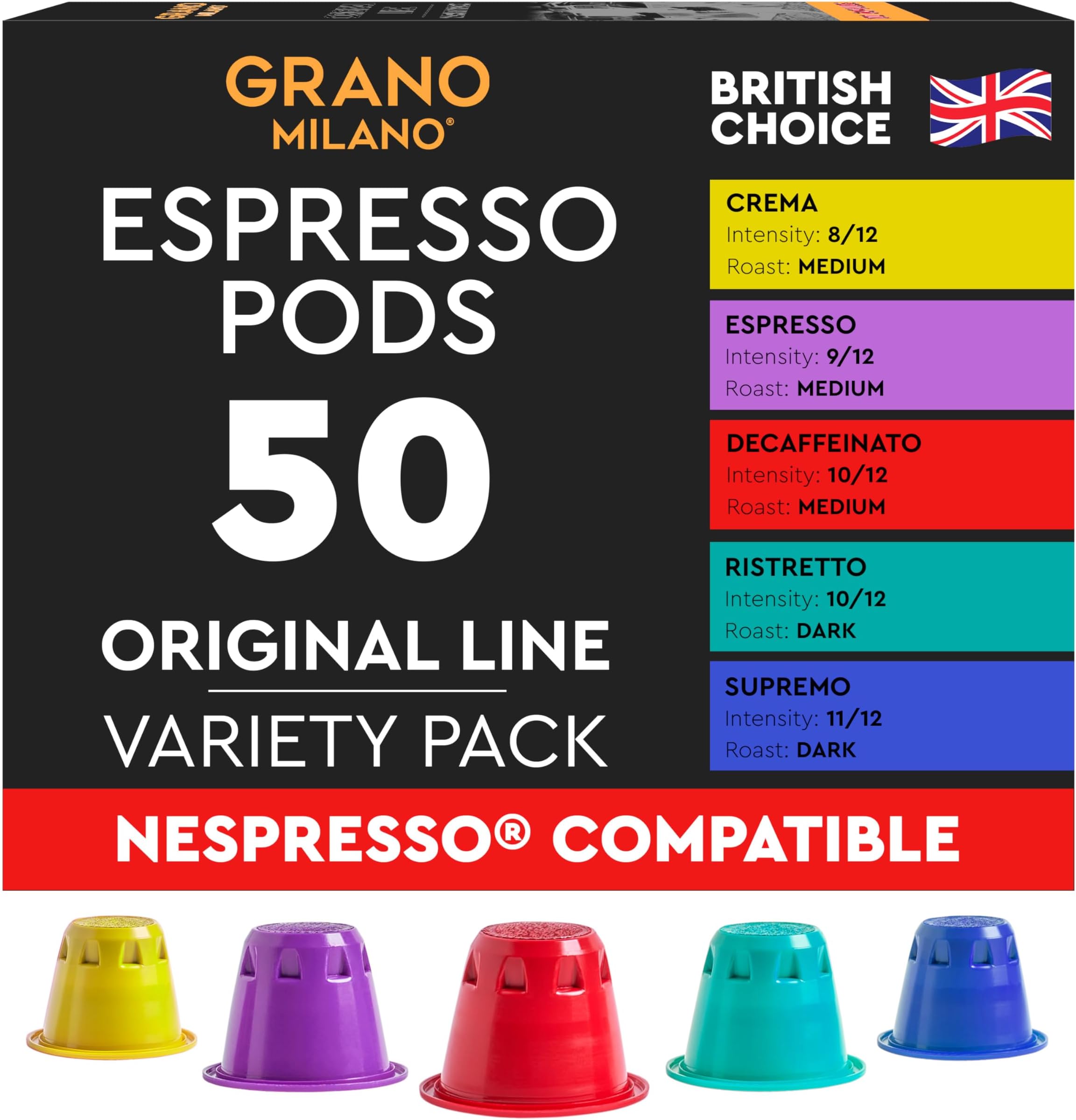 Grano Milano Variety Pack with Decaf Coffee Capsules - 50 Pods Compatible with Nespresso Original line, Medium and Dark Roast, Espresso Coffee Capsules Made in Italy