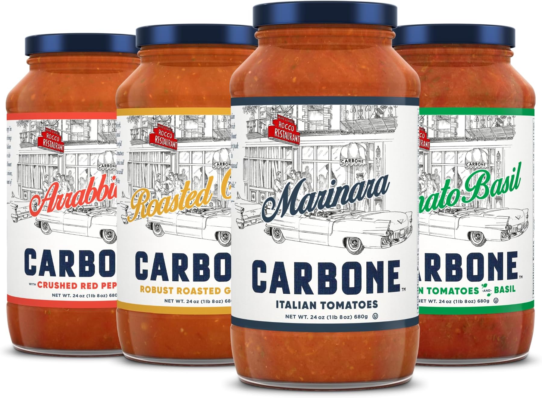 Carbone Pasta Sauce VARIETY PACK of Tomato Basil, Marinara, Arrabbiata, Roasted Garlic, Tomato Sauce Made with Fresh, Natural Ingredients, Non GMO, Vegan, Gluten Free, Low Carb, 24 Fl Oz (Pack of 4)