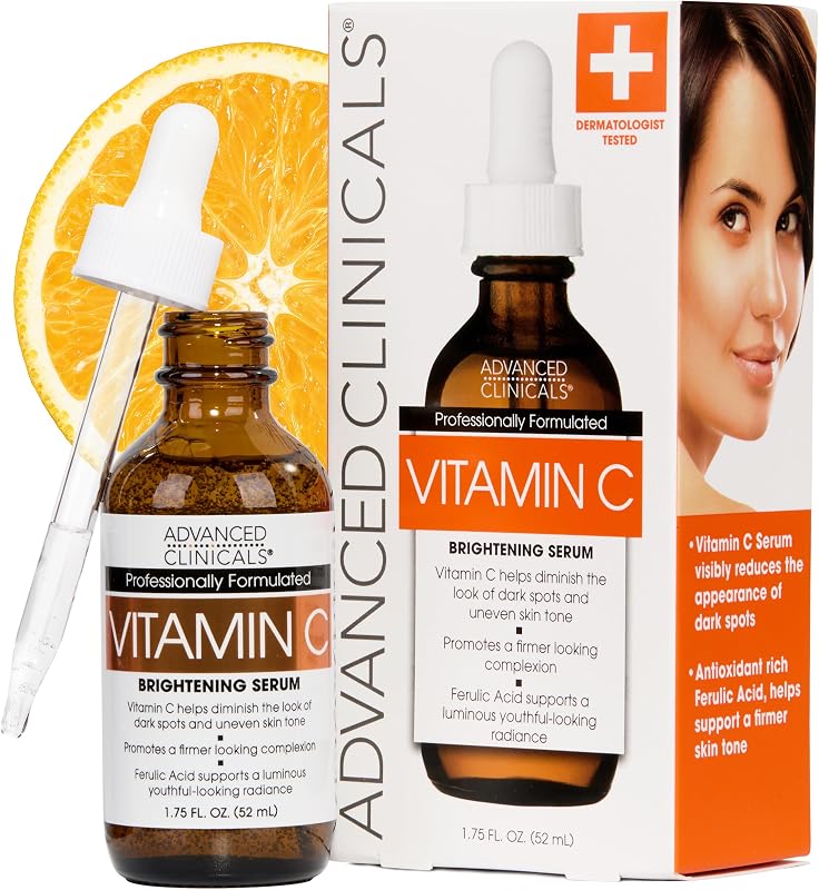 Advanced Clinicals Brightening Vitamin C Serum For Face With Glycolic Acid + Lactic Acid | Vitamin C Eye Serum Face Moisturizer For Improving Look Of Dark Spots & Uneven Complexion, 1.75 Fl Oz