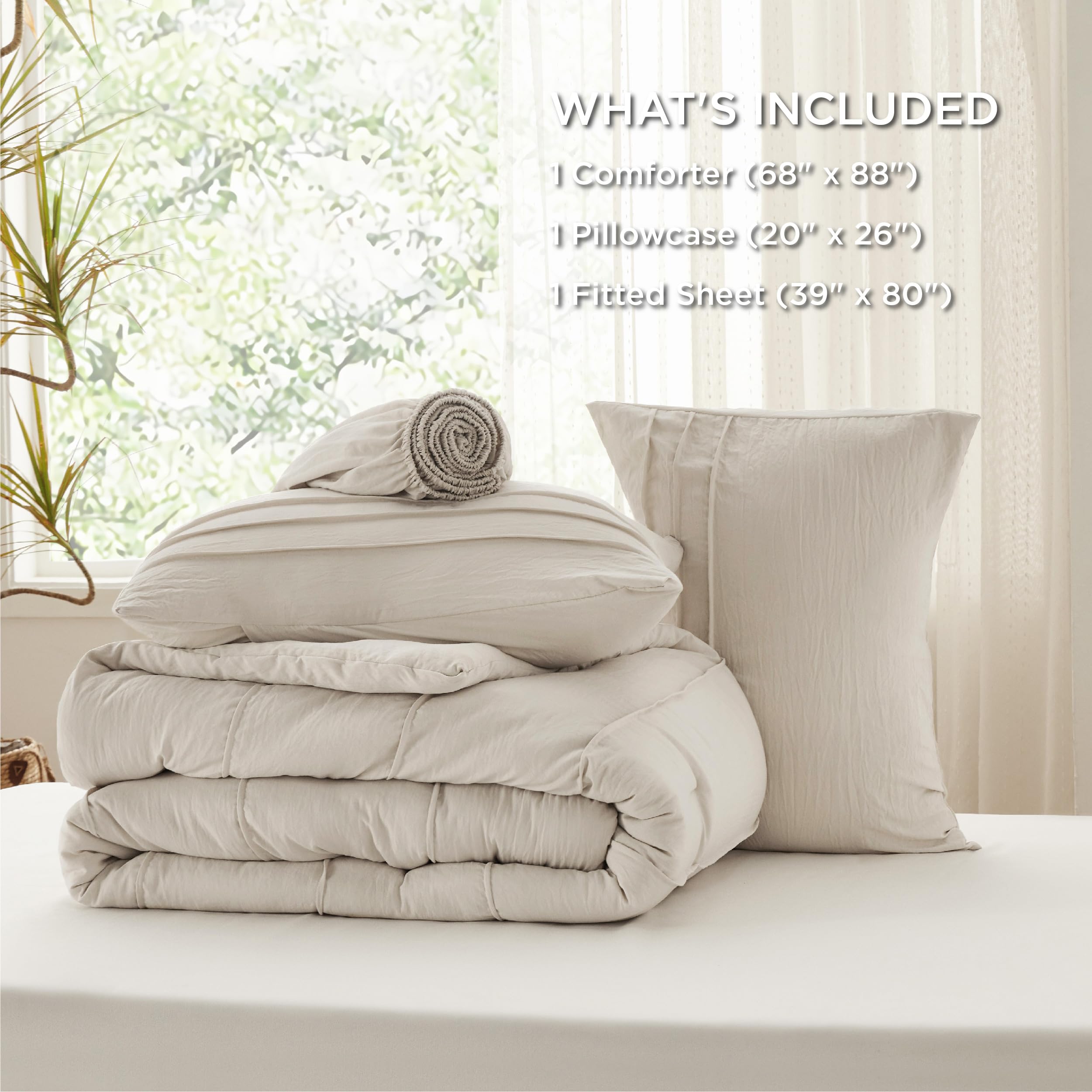 Bedsure Beige Twin/Twin XL Kids Comforter Set - 3 Pieces Stripe Pleat Bed Set, Down Alternative Bedding Sets for All Season, 1 Comforter, 1 Pillowcase, 1 Fitted Sheet