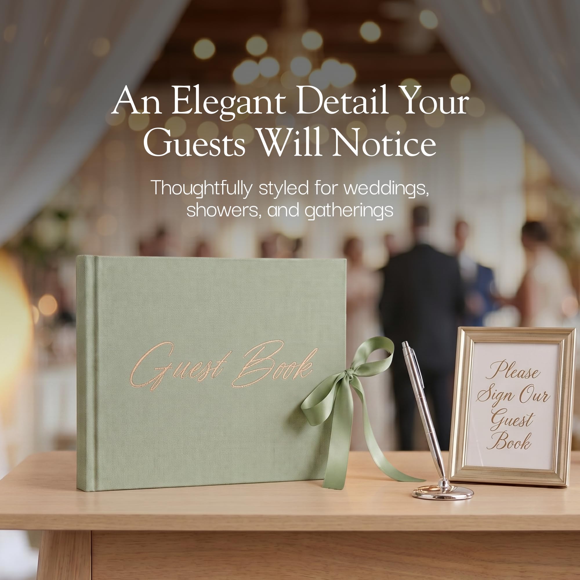 Elegante libro degli ospiti per matrimonio, con tasca per ricordi + chiusura a fiocco, copertina in lino, 120 pagine a righe, libro degli ospiti, ricevimenti nuziali, baby shower e funerali (verde