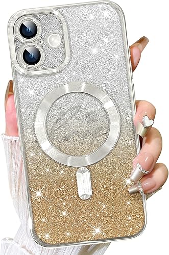 Vista 336 de Fiyart - Funda transparente magnética con purpurina para iPhone 12 para mujeres, con grabado "Love" metálico, protección para cámara y antigolpes