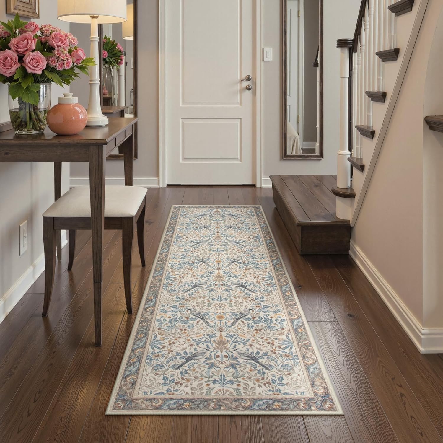 Beeiva Washable Runner Rug for Hallway 2x6 - Vintage Beige Stain Resistant Floral Kitchen Runner, Boho Bird Patterned Non Slip Rugs for Hallway Bathroom Laundry Room Bedroom Entryway
