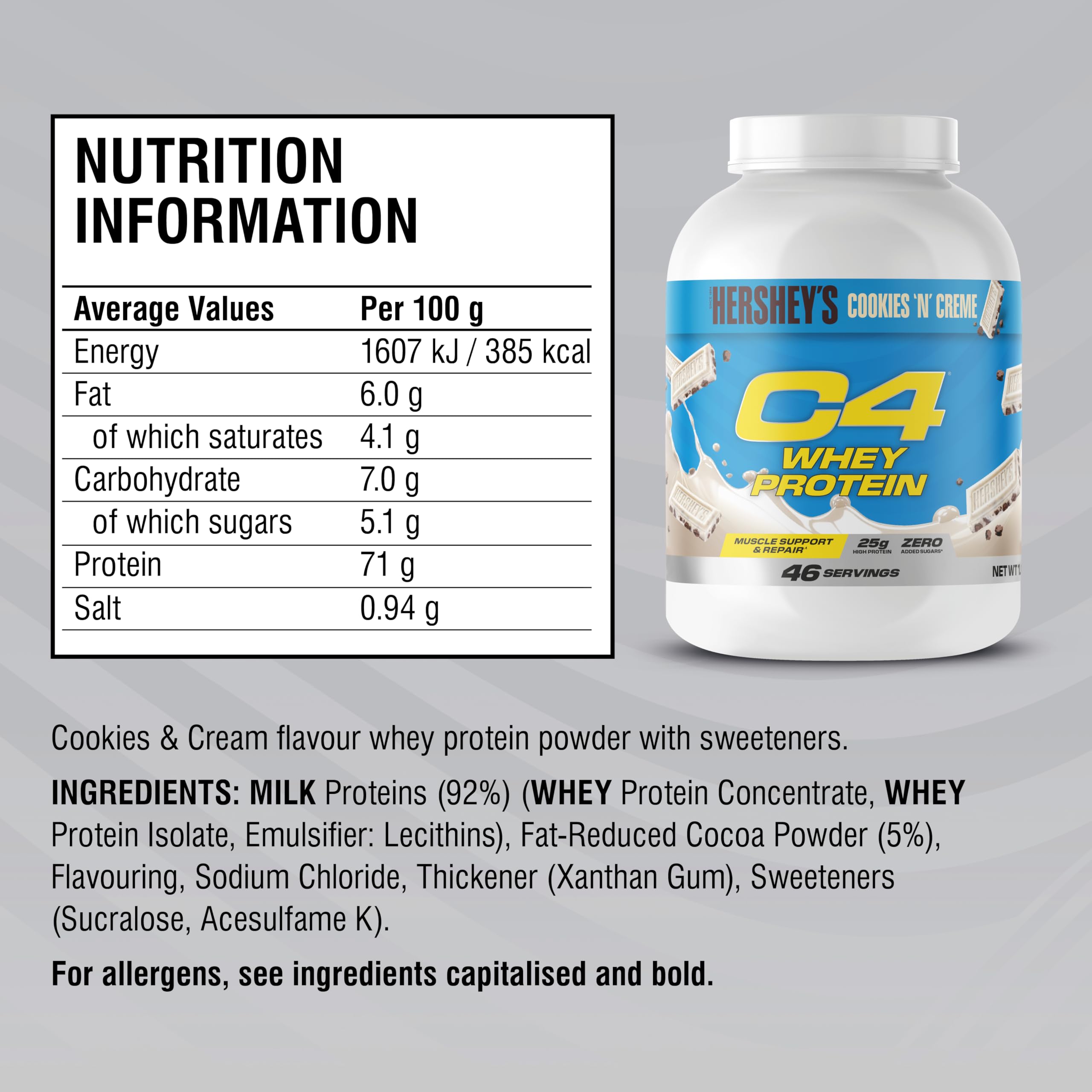 Cellucor Białko serwatkowe w proszku C4, herbatniki i krem Hershey's, 0,88 uncji białka, niska zawartość cukru, regeneracja po treningu, 46 porcji