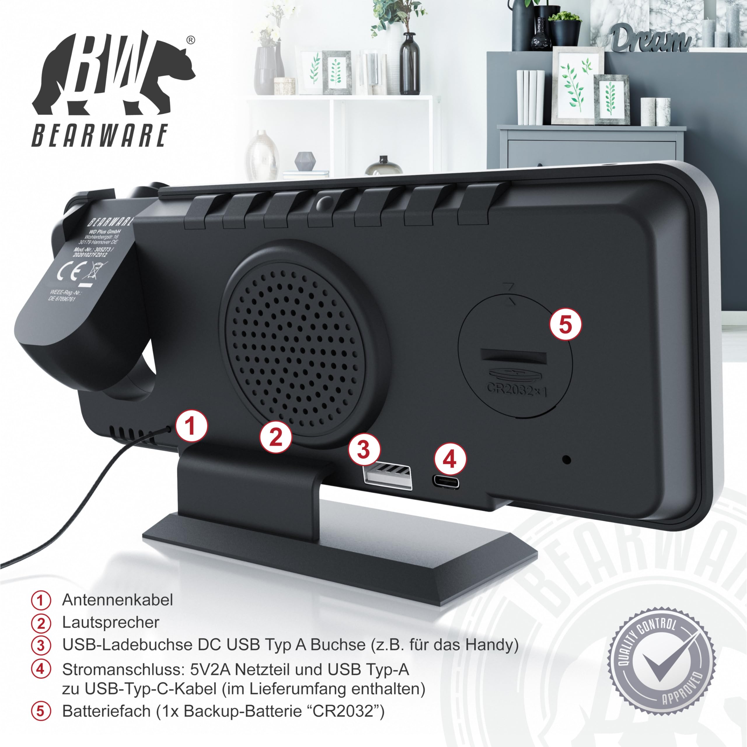 CSL - Wecker Digital Radiowecker mit 3 Stufen Bildschirmhelligkeit, Projektionswecker mit Temperatur- und Luftfeuchtigkeitsanzeige, Dual-Alarm 12 / 24h USB-Anschluss