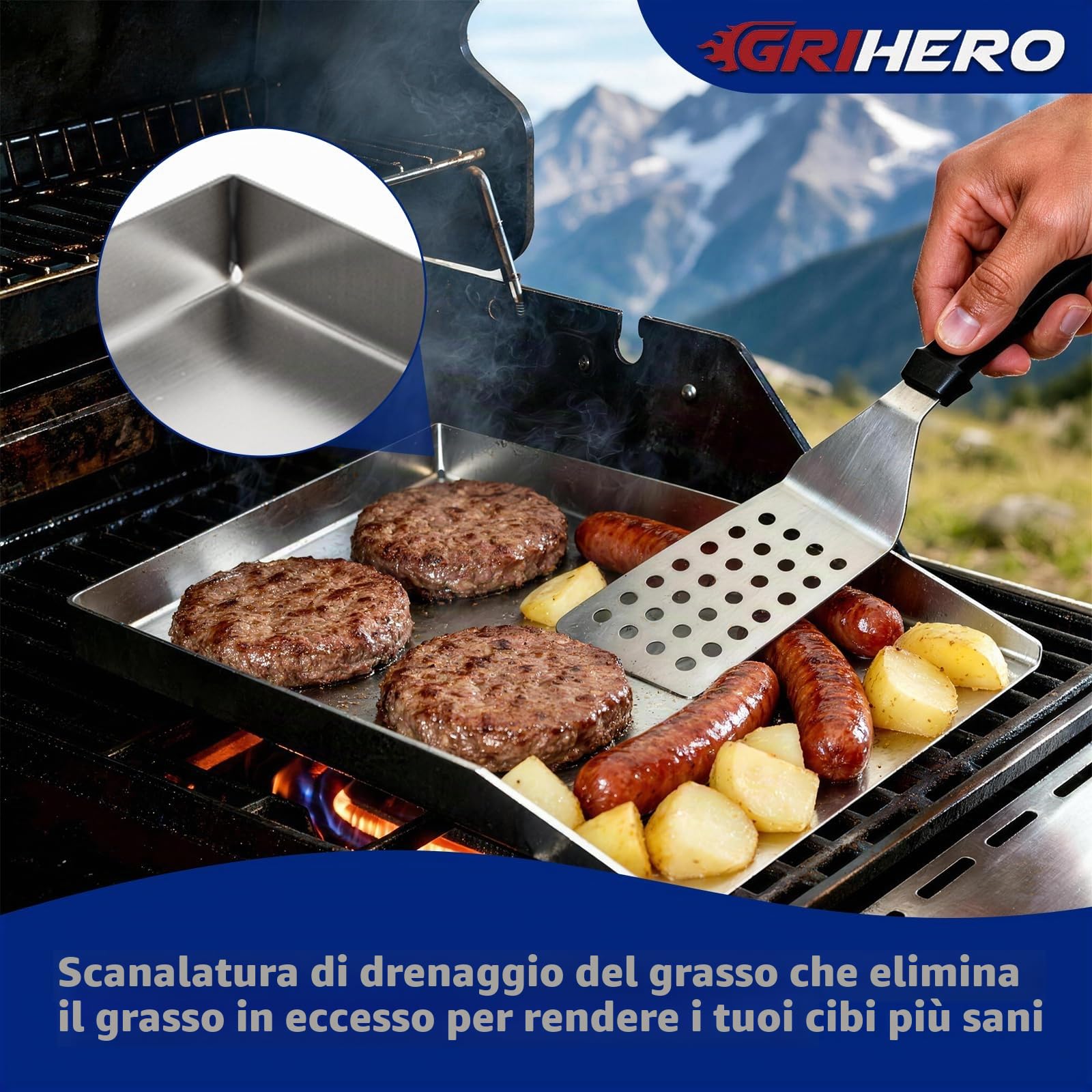Piastra per griglia in acciaio inox da 40 x 30 cm, con spatola e raschietto | Piastra universale spessa 4 mm per barbecue a gas e a carbonella