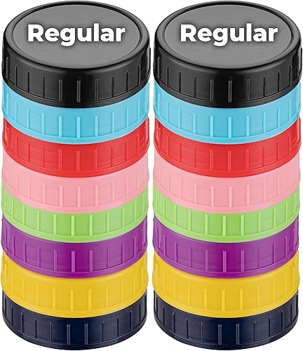 Tapas de plástico para conservas de tarros Mason (16 piezas de boca regular), tapas de almacenamiento reutilizables con anillos de sellado de