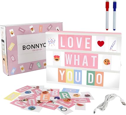 BONNYCO Light Box rose avec 400 lettres, emojis, et feutres de personnalisation
