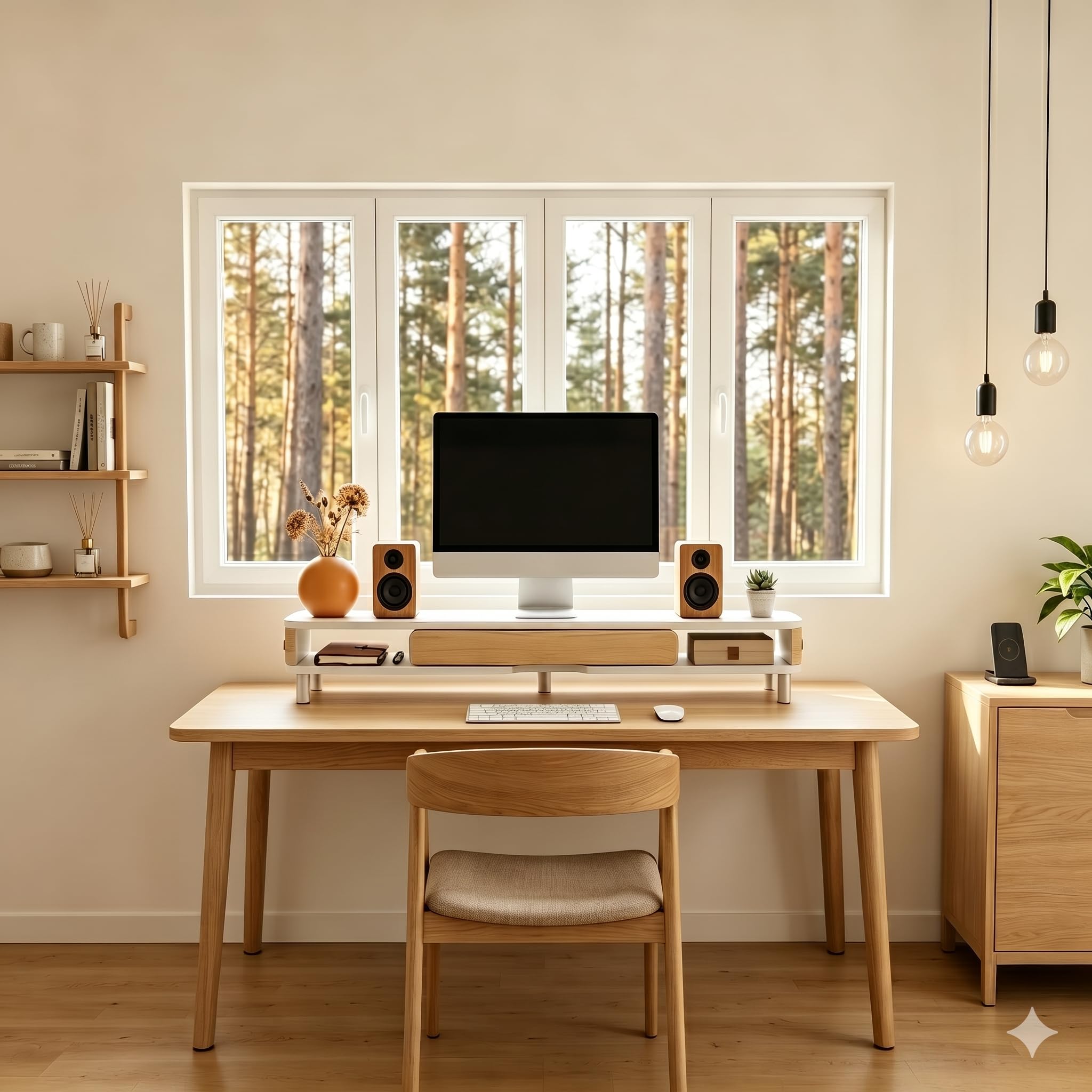 Fenge Alzata Monitor Doppio con Cassetto, Organizzatore Scrivania 108cm, Maniglia in Pelle, Ripiano per PC/Stampante/TV, 108×25×15,7cm, Capacità Max 35KG (Bianco)