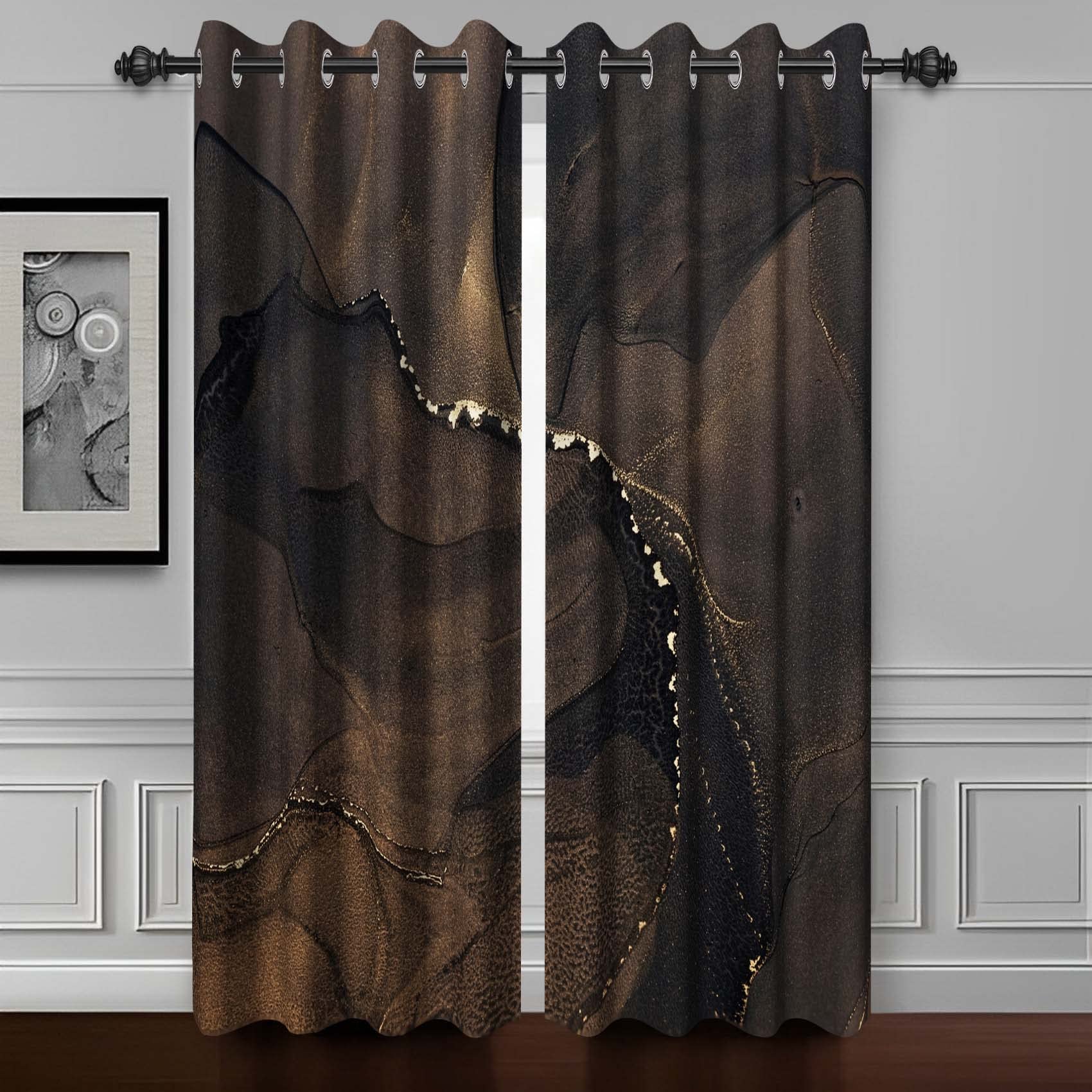 Baocicco Brown Marble Blackout Window Curtains for Bedroom Modern Luxury Art Fluid Gold Glitter Design Marble Curtains Darkening Texture Printed