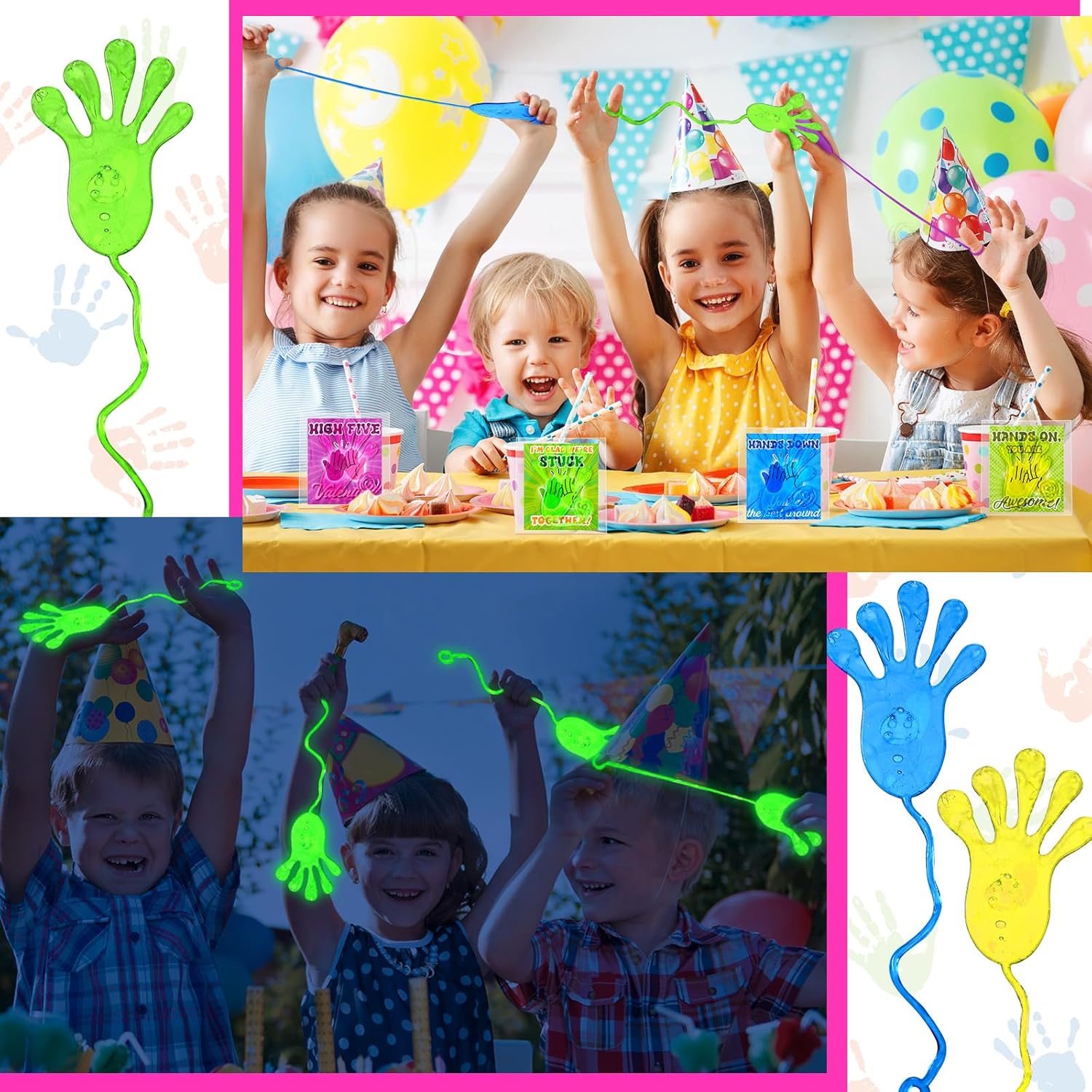 Realspring 50 Pcs Valentine‘s Day Glow in Dark Sticky Hands for Kids Valentine Classroom Exchange Gifts Cards Valentine's Party Favors Supplies Stretchy Fingers Valentine Toys Gifts