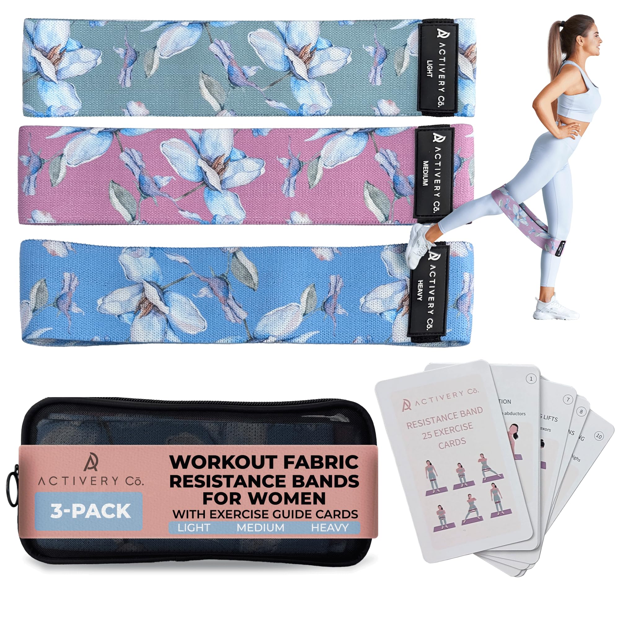 Bandas de resistencia de tela para mujer, paquete de 3 con guía de ejercicios, resistencia ligera/media/pesada, bandas de entrenamiento para glúteos, piernas, fitness y terapia física, diseño floral