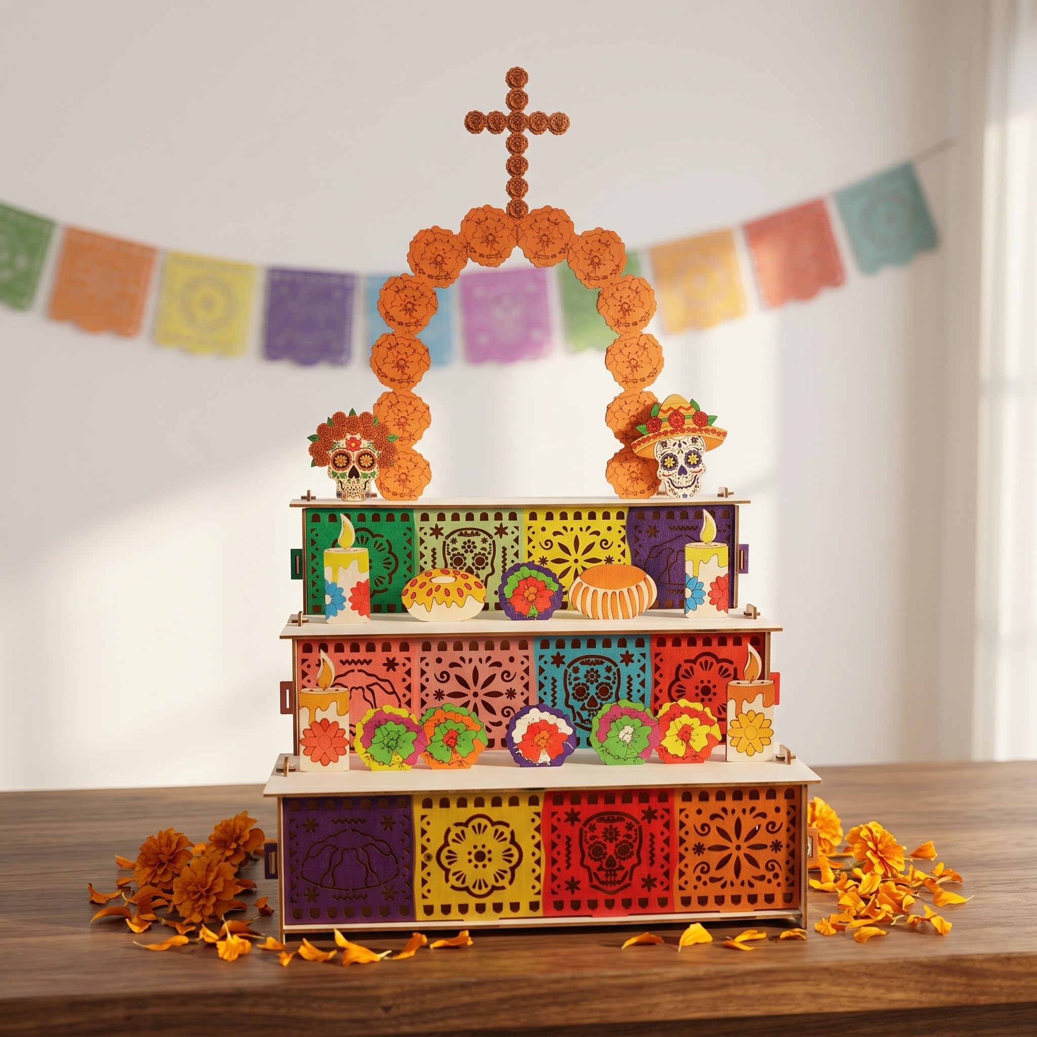 iplusmile Kit de Ofrenda Día de Muertos de Madera de Decoración Tradicional con Calavera de Azúcar y Picado para Recuerdos y Centro de Mesa