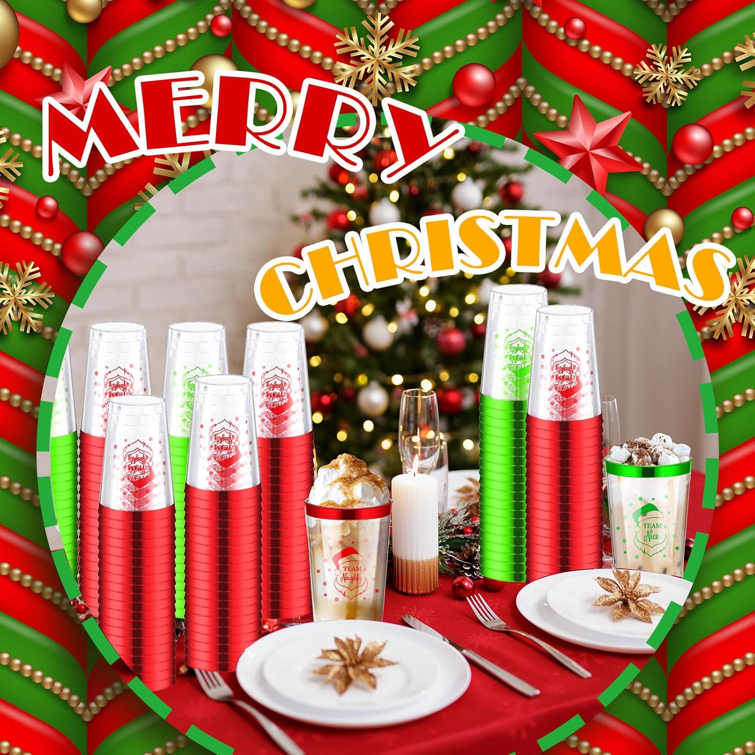 Hsei 100 Pcs 12 oz Naughty or Nice Plastic Cups Bulk for Team Disposable Party Cup Red Green Clear Glasses for Holiday Home Office Coffee Juice Drink Party Supplies - Image 6