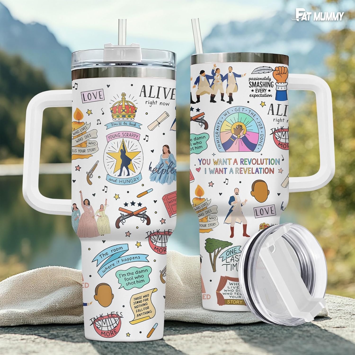 Broadway Musical Inspired 40oz Tumbler with Handle and Straw, Stainless Steel Insulated Travel Cup, Large Water Bottle Gift for Fans