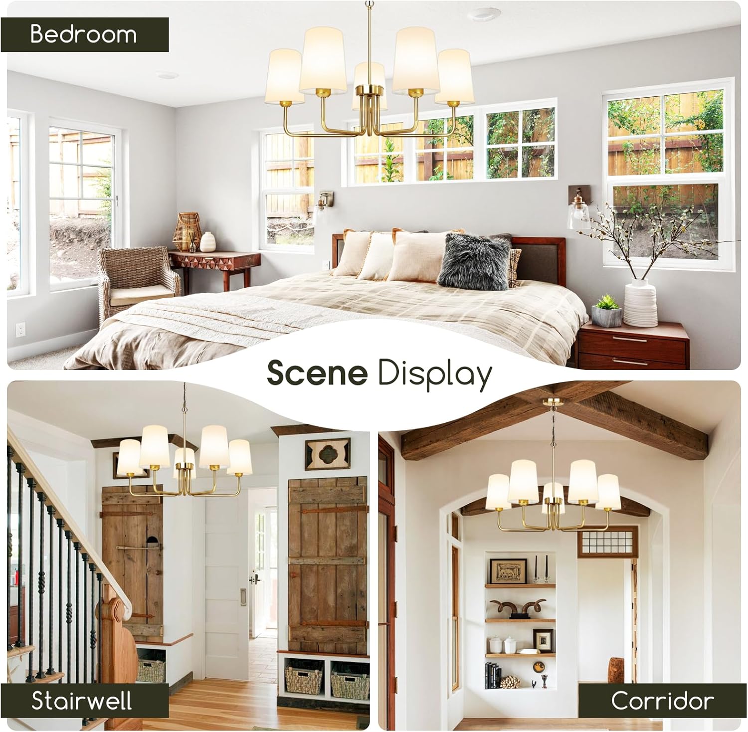 Farmhouse Chandelier Gold Chandeliers for Dining Room with White Fabric Shade Rustic 5 Lights Dining Room Light Fixture for Kitchen, Bedroom, Living Room