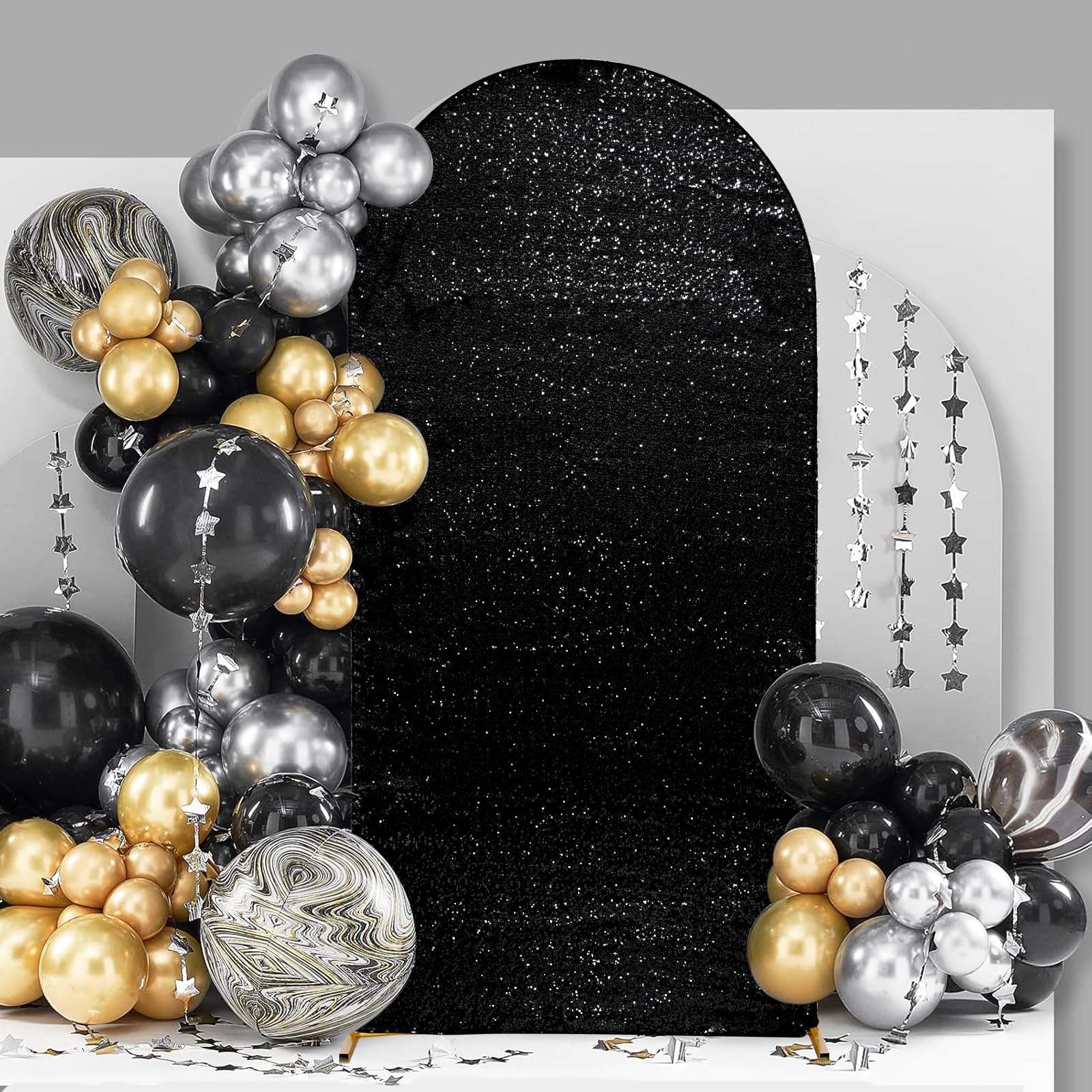 PartyDelight Black Arch Backdrop Cover 7.2FT Sparkly Sequin Wedding Back Drop Fitted Arch Stand for Birthday Party Decoration