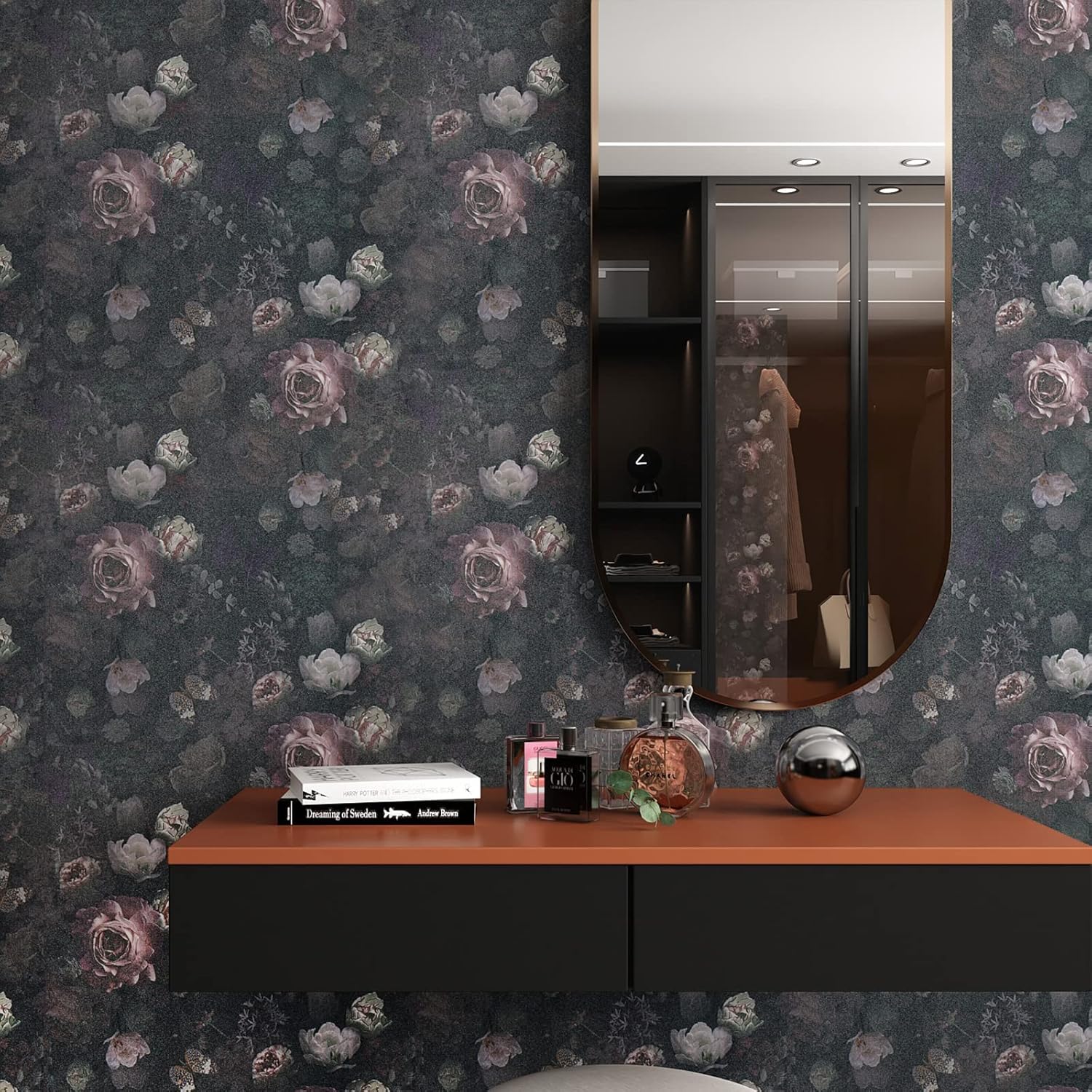 VEELIKE Vintage Dark Butterflies Peonies Wallpaper Mural 17.7''x354'' Black Floral Removable Decorative Contact Paper for Bedroom Bathroom Walls