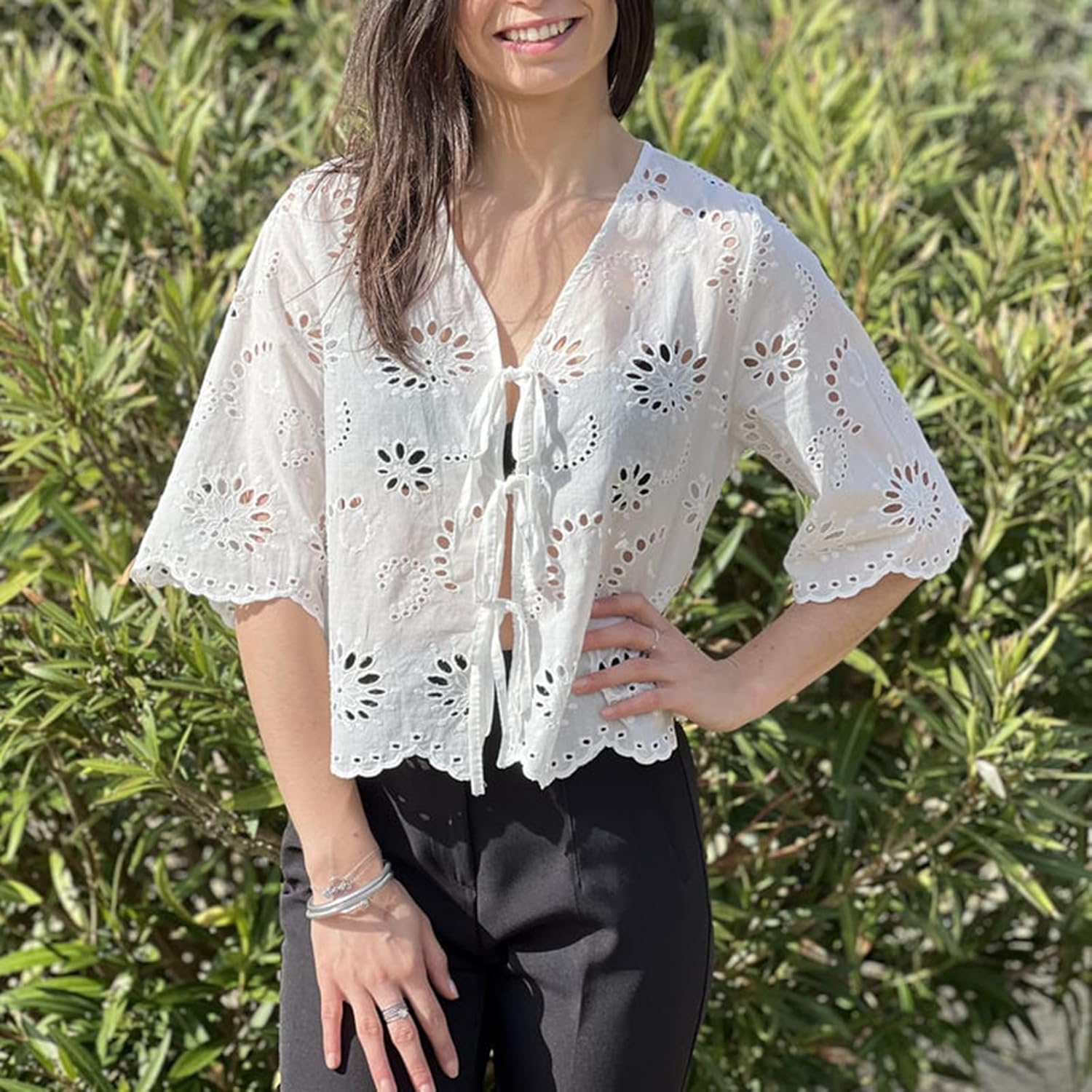 Women Y2k Floral Embroidered Shirt Eyelet Short Sleeve V Neck Bow Tie Front Blouse Cute Summer Going Out Tops - Image 2