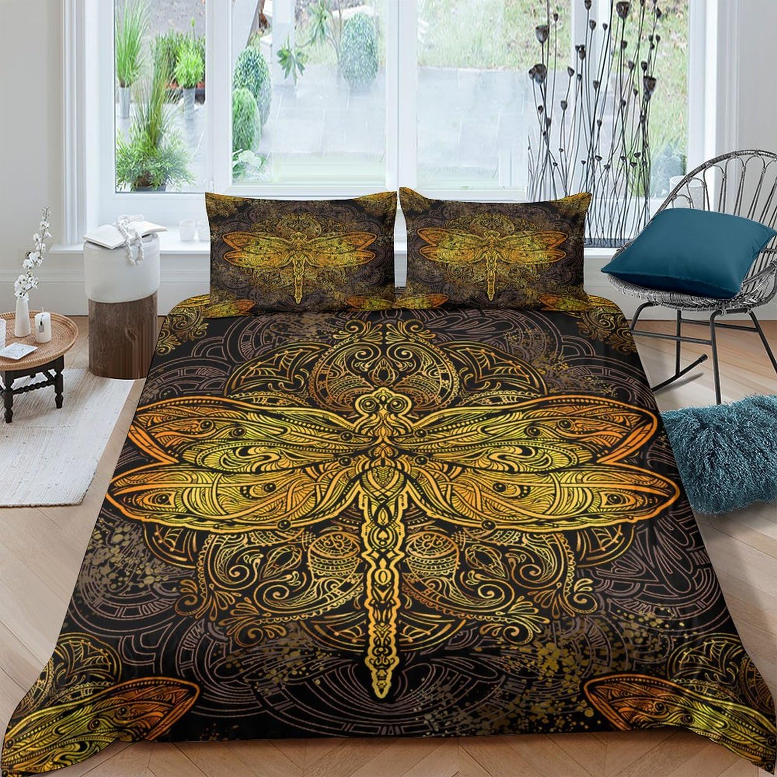 Ctjqhvkz Style-3 3D Printed Golden Dragonfly Fitted Sheet Microfiber Soft Anti-Slip Artistic Bed Cover For Bedroom Guest Room Decor Single（135X200cm）
