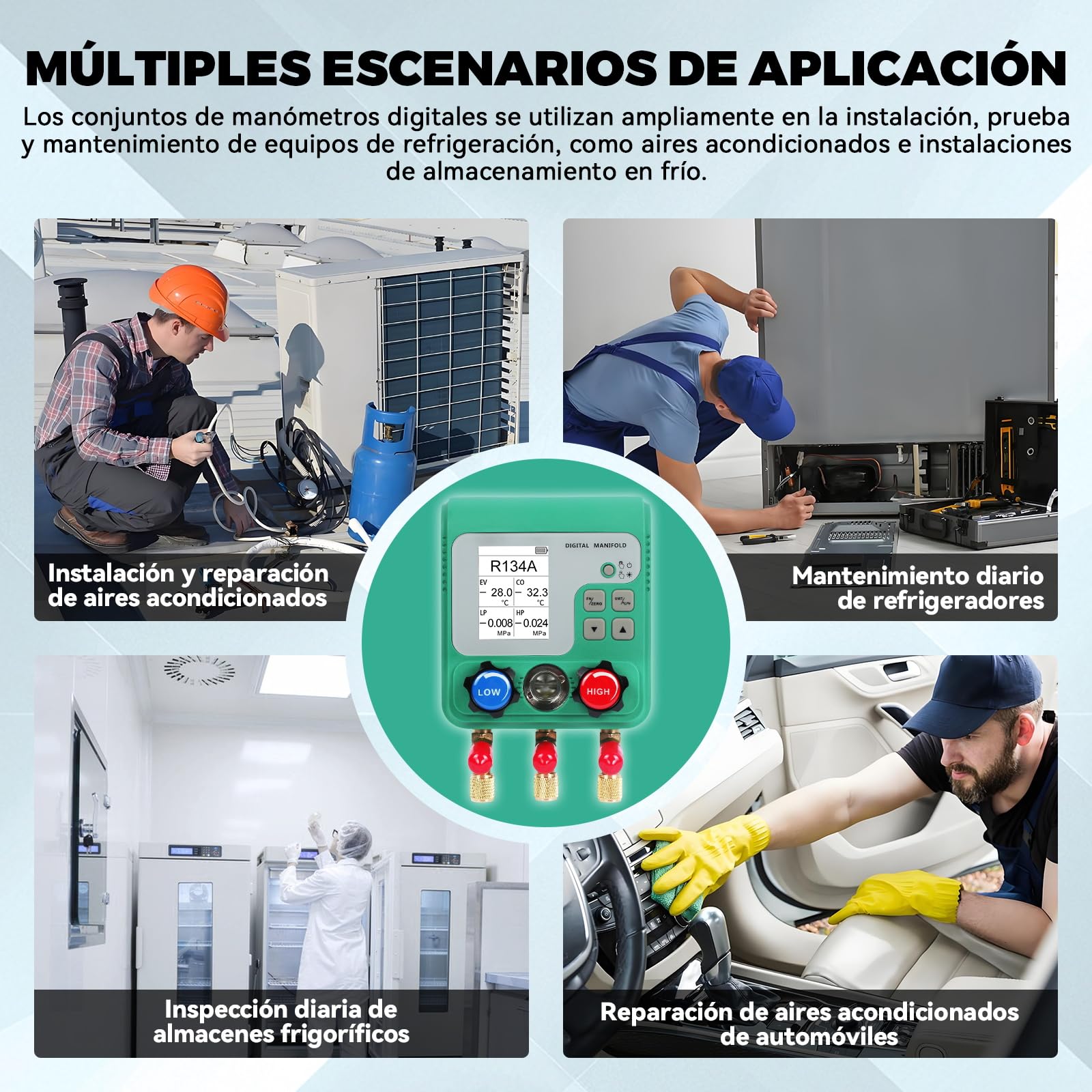 KAISAL Kit de Carga Aire Acondicionado de Coche Digital Manómetro Aire Acondicionado con Pantalla LCD HVAC Manometro para 92 Tipos de Gas Refrigerante r134a R32 R410A R22