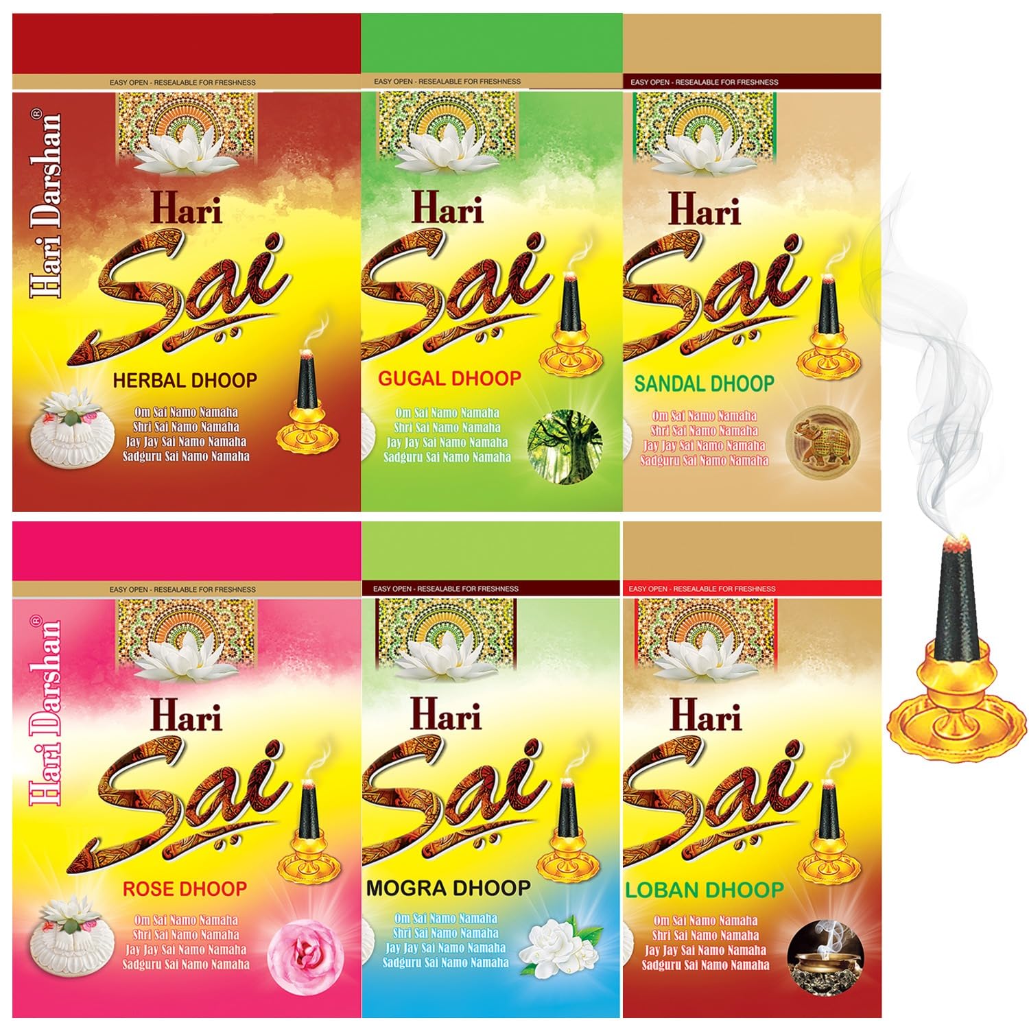 Sai Combo Dhoop Sticks | Sandal Rose Mogra Gugal Loban | Natural Aromatic Long Lasting Fragrance | Ideal Pooja Essential for Havan Meditation Ambiance | Pack of 6-20 Sticks Each