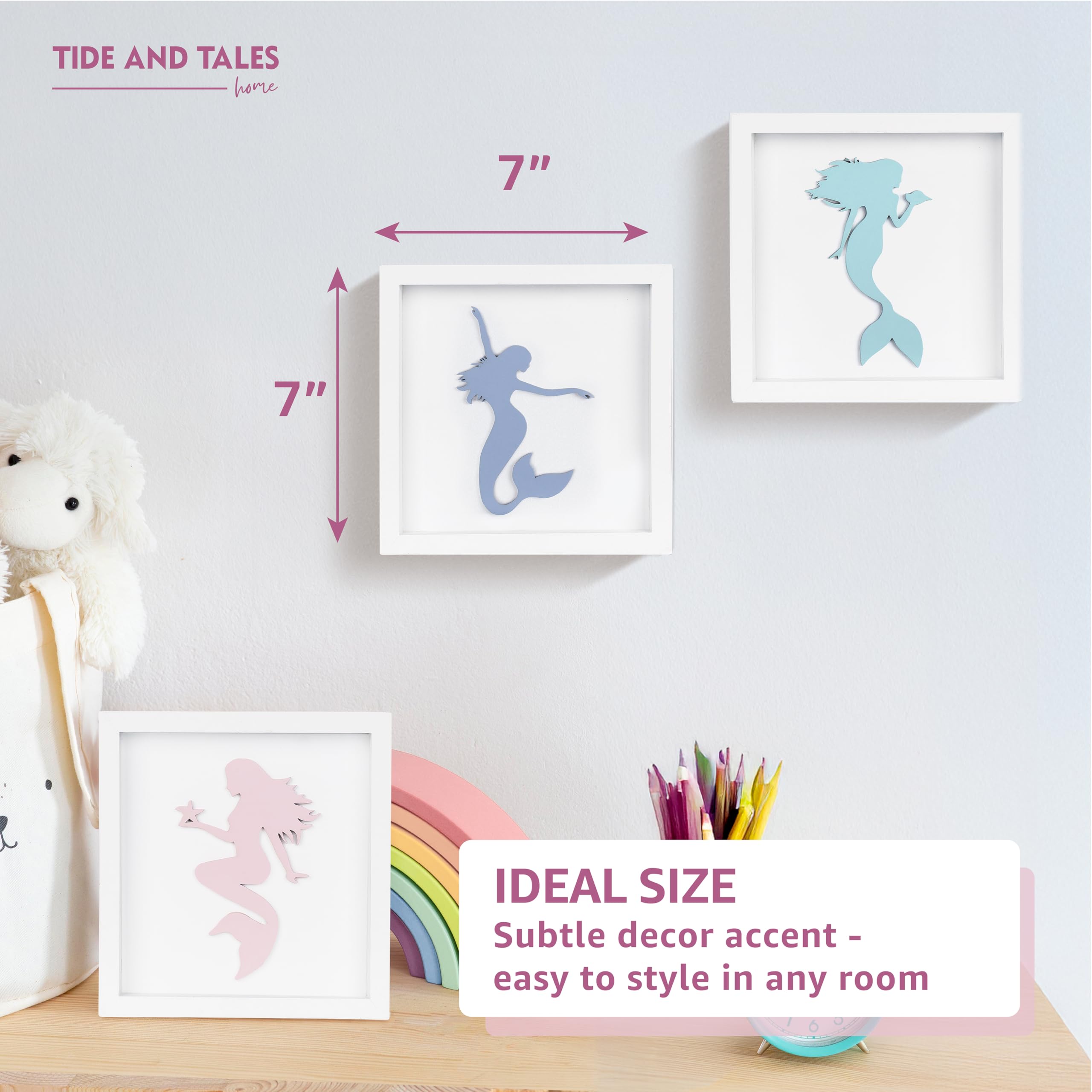 Decorazione murale a forma di sirena: decorazione per la cameretta dei più piccoli, set da 3 - con cornice, tela o stampe artistiche - Italia