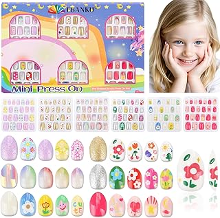 144 Pieces Press on Nails for Kids, EBANKU 6 Pack Kid Fake Nail Pink Gold Flower Star Press on Nails for Girls 5-12 Years with Jelly Nail Adhesives