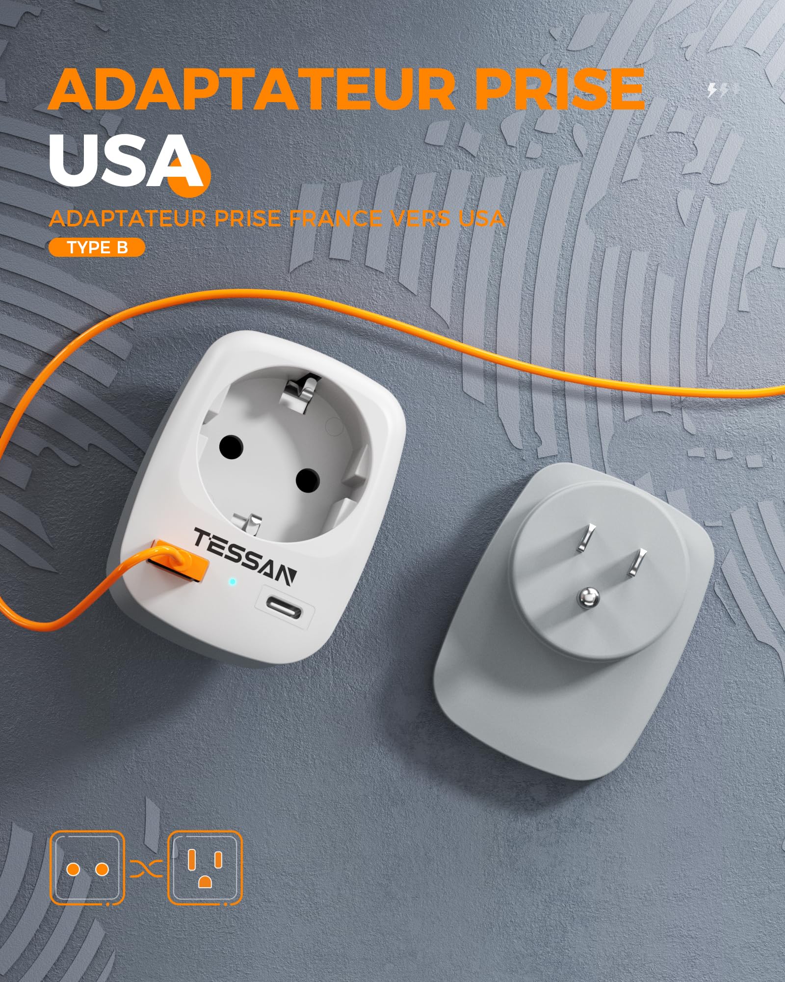 TESSAN Lot de 2 Adaptateur Prise USA, 3 en 1 Adaptateur Prise France vers USA 1250 W, Adapter Canada avec USB C et USB A, Chargeur Americain pour Philippines, Mexique, Thailande, Pérou