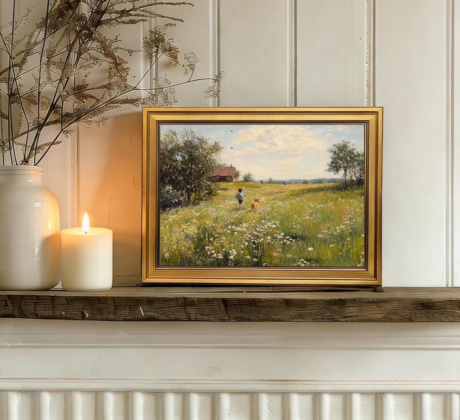 Gold Framed Vintage Landscape Canvas Wall Art Boy Dog Running in the Flower Field Painting Picture Wall Decor Spring Meadow Oil Painting Poster Print Artwork for Living Room Bedroom Home Decoration