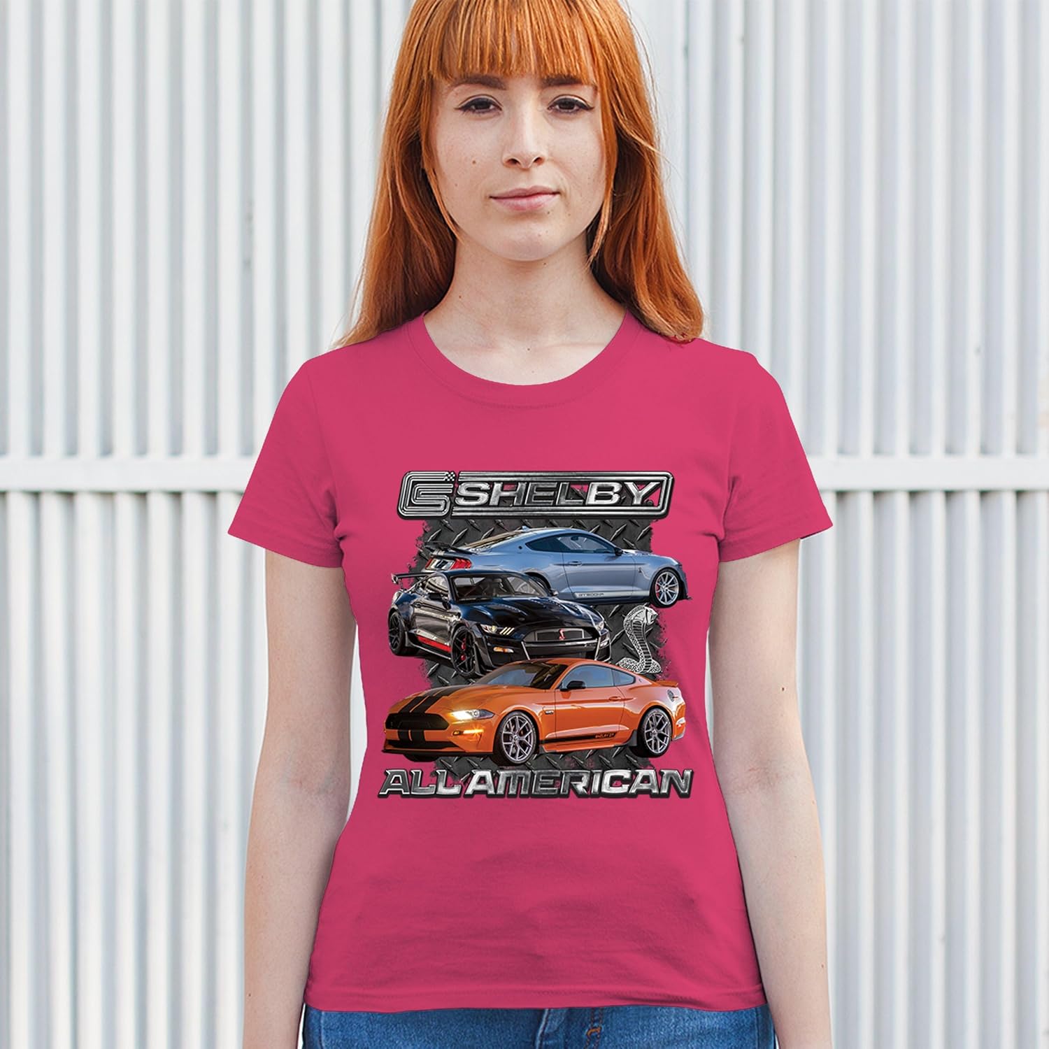 Shelby All American Cobra T-Shirt Mustang Muscle Car Racing GT 350 GT 500 Perfomance Powered by Ford Women's Tee