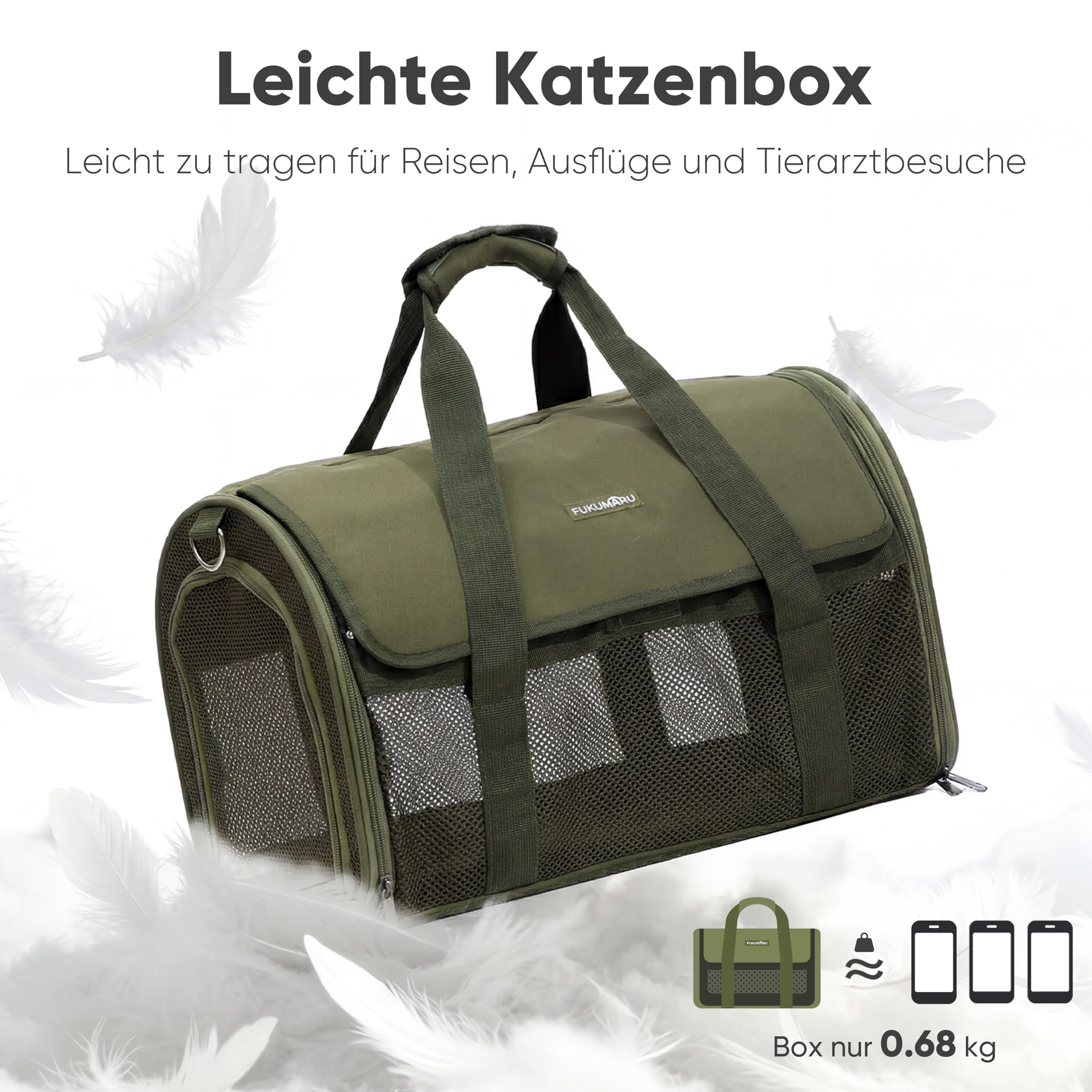 FUKUMARU Transportbox für Katzen und kleine Hunde, leicht und atmungsaktiv, 46 x 28 x 28 cm, für den Transport in der Flugzeugkabine zugelassen, weich und zusammenklappbar, kratzfestes Netz, Grün