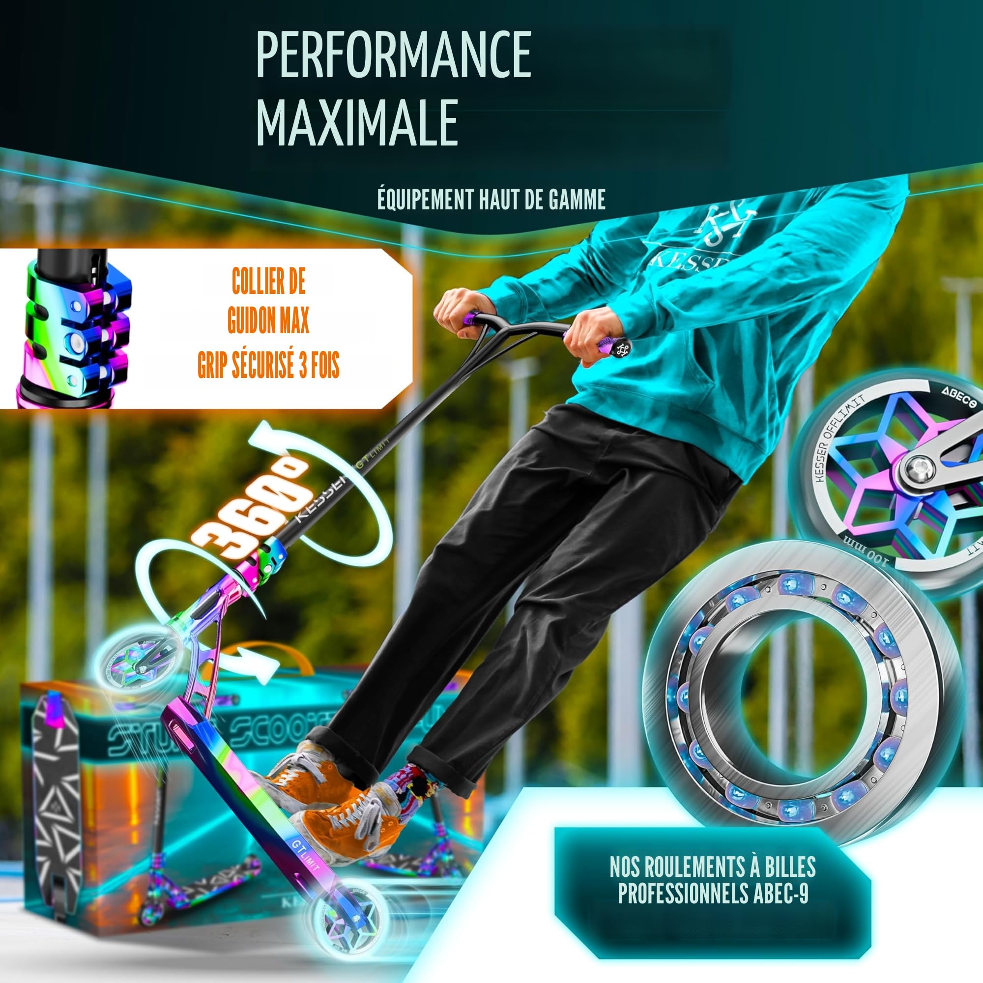KESSER® Trougetinette de Freestyle GT-Limit 360Ḟ Direction trougetinette Funscooter Trougetinette de Freestyle avec béquille ABEC 9 roulements à Billes, Roues en PU 110 mm,