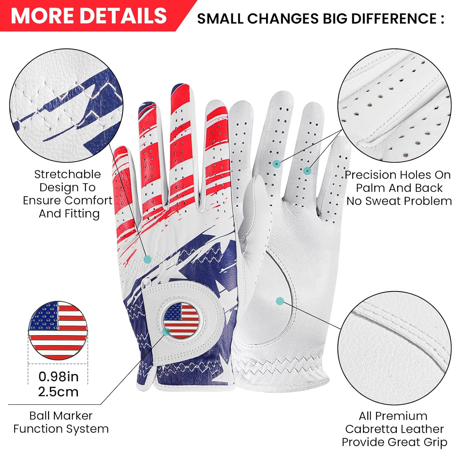 FINGER TEN Cabretta Leather Golf Gloves for Men Value 2 Pack, Premium Stylish & Comfortable Left Hand Gloves with Ball Markers for Right-Handed Golfers, Enhanced Grip & Breathability