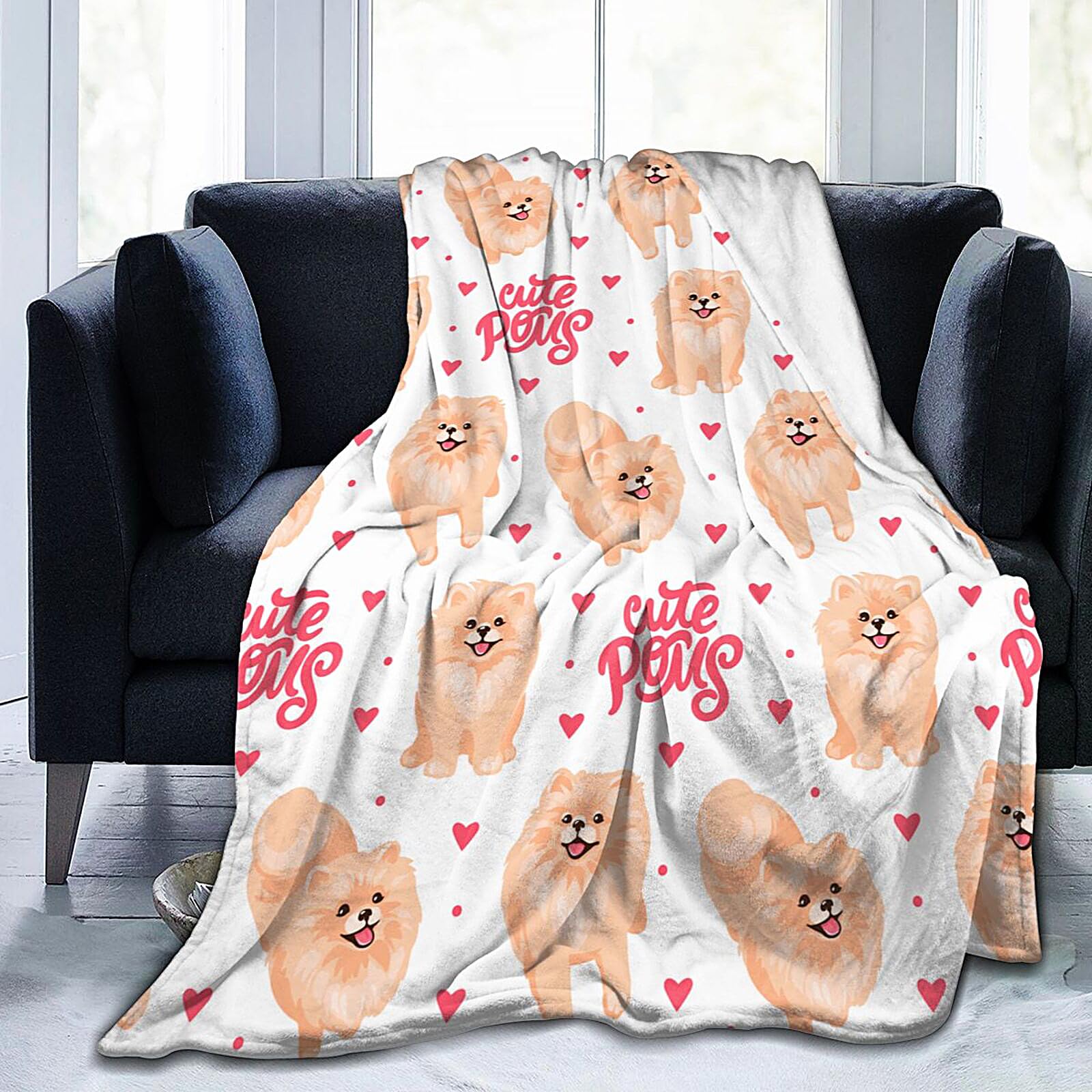 Pomeranian Spitz Puppy Dog Blanket Soft Lightweight Throw Blankets Cozy Flannel Bed Throws for Sofa Couch Travel Home Room Bedroom Decor Gifts for