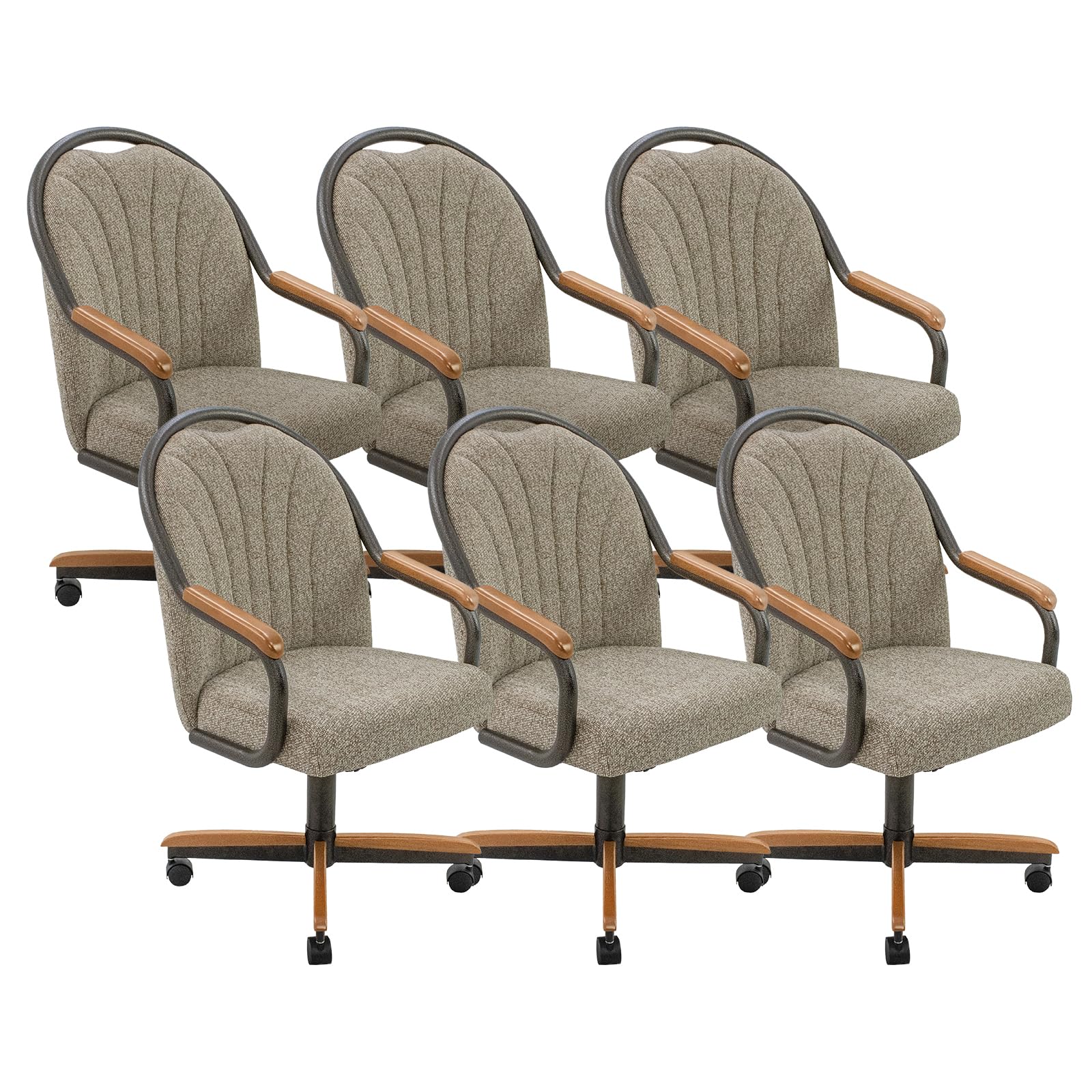 Chromcraft Douglas Set of 6 Casual Dining Chairs Classic Swivel Tilt Dining Chairs with Casters, Wooden Arm Metal Base Chairs with Rolling Wheels for Kitchen & Dining Room