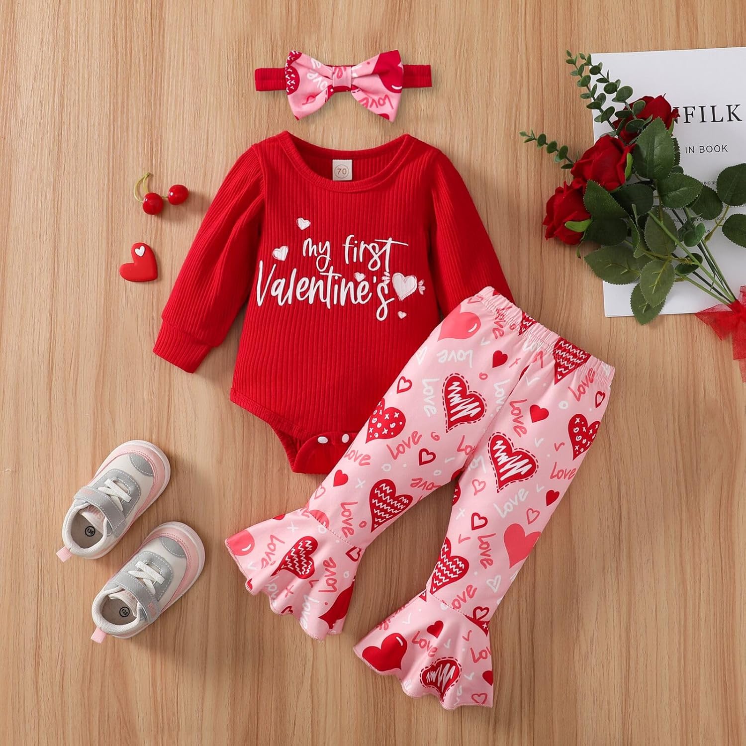 My First Valentines Newborn Baby Girl Outfits Letter Romper Love Heart Print Bell-Bottom Flare Pants Headband - Image 2