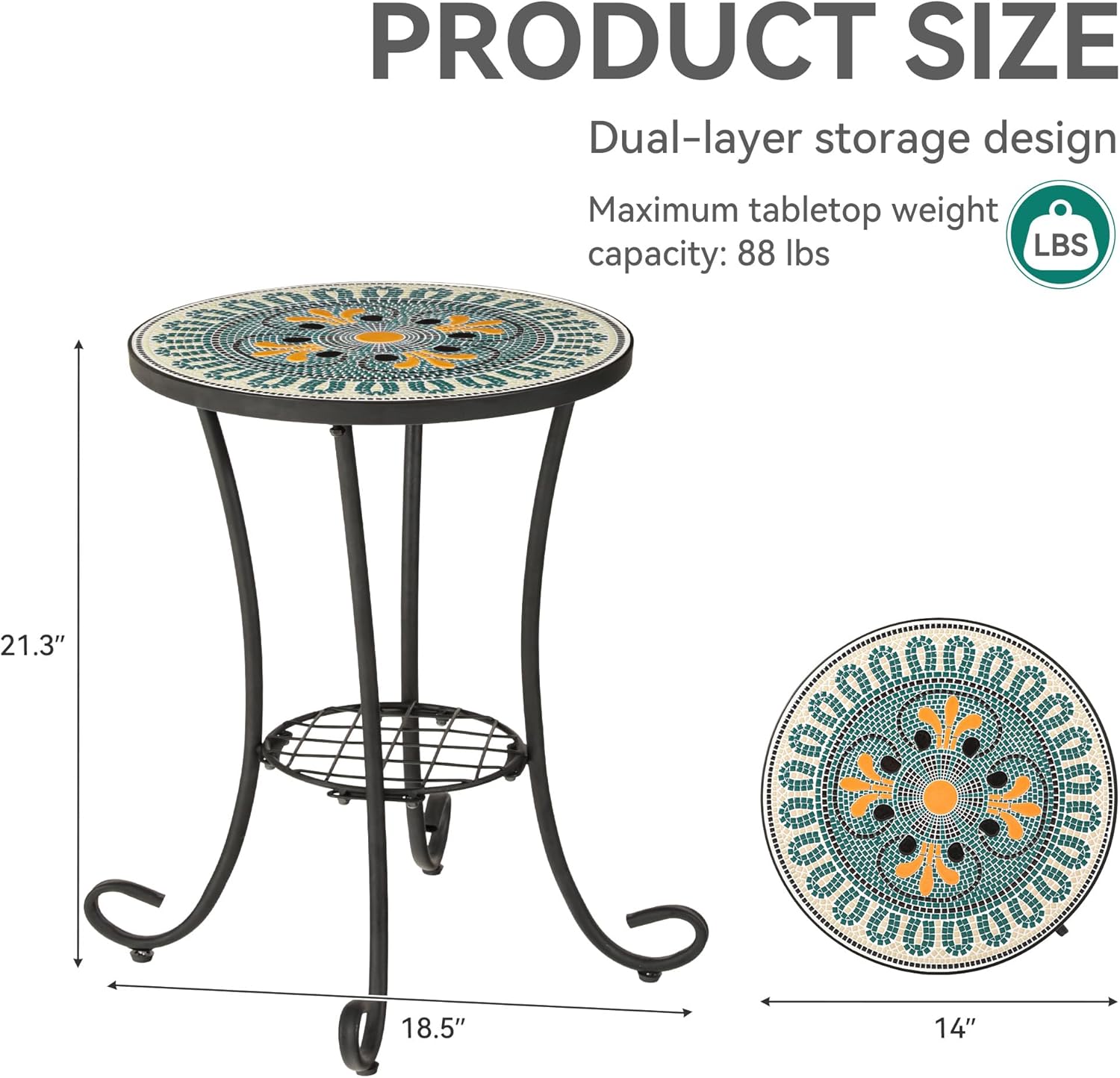 Side Table Outdoor, Mosaic Patio Table with Planter Stand, 22" H Iron Coffee End Table, Weather-Resistant Tile Top Metal Drink Bar Table for Indoor Garden Balcony Yard Bistro