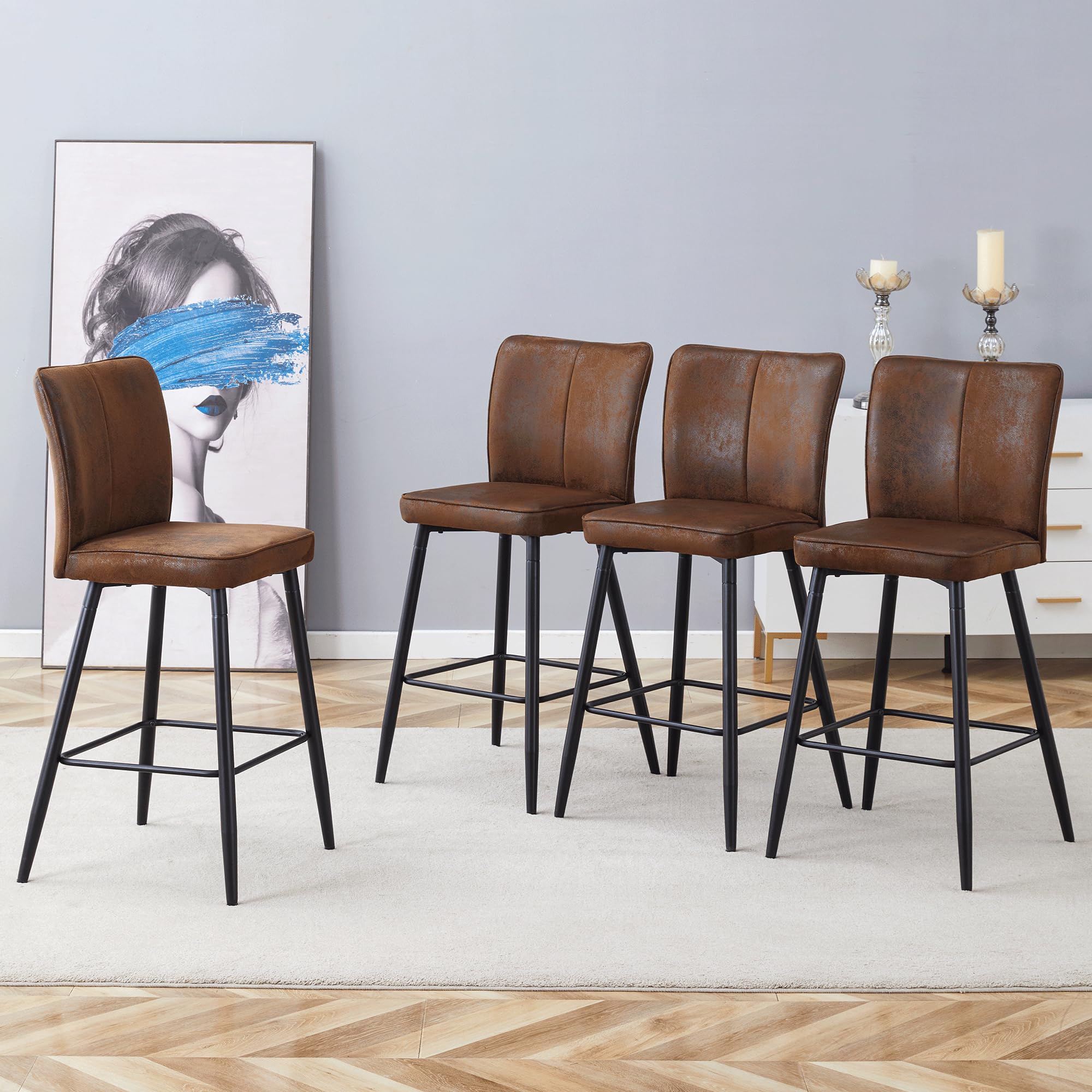 JUFU Brown Bar Stools Set of 4, Modern Island Chairs Faux Leather Barstools with Wide Backrest, Counter Height Bar Chair with Upholstered for Kitchen