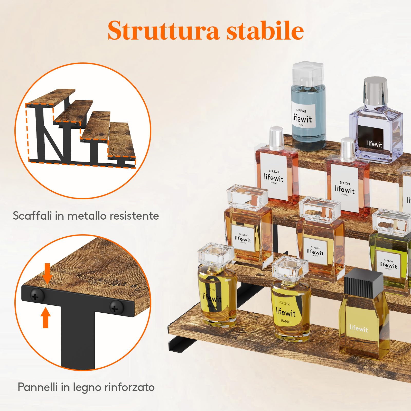 Lifewit Porta Profumi in Legno, Espositore Profumi con Supporto in Metallo, Espositori a Scaletta per Bagno, Camera, Salotto, Marrone Rustico, 4 Livelli, 1 Confezione, 35 cm