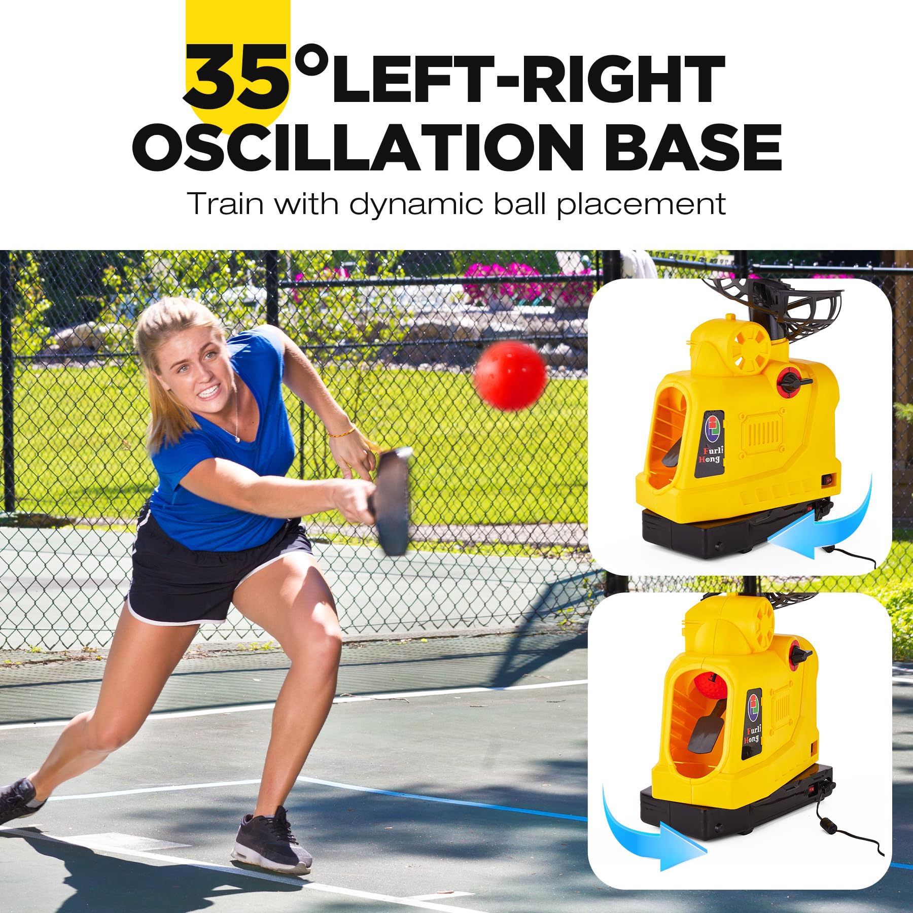 Furlihong 681TPCBH Máquina Lanzadora 4 en 1 Béisbol Pickleball Tenis Críquet – Oscilación Automática, 4 Niveles de Distancia, Soporte Ajustable, Funciona con Batería/CA/Power Bank, para Principiantes