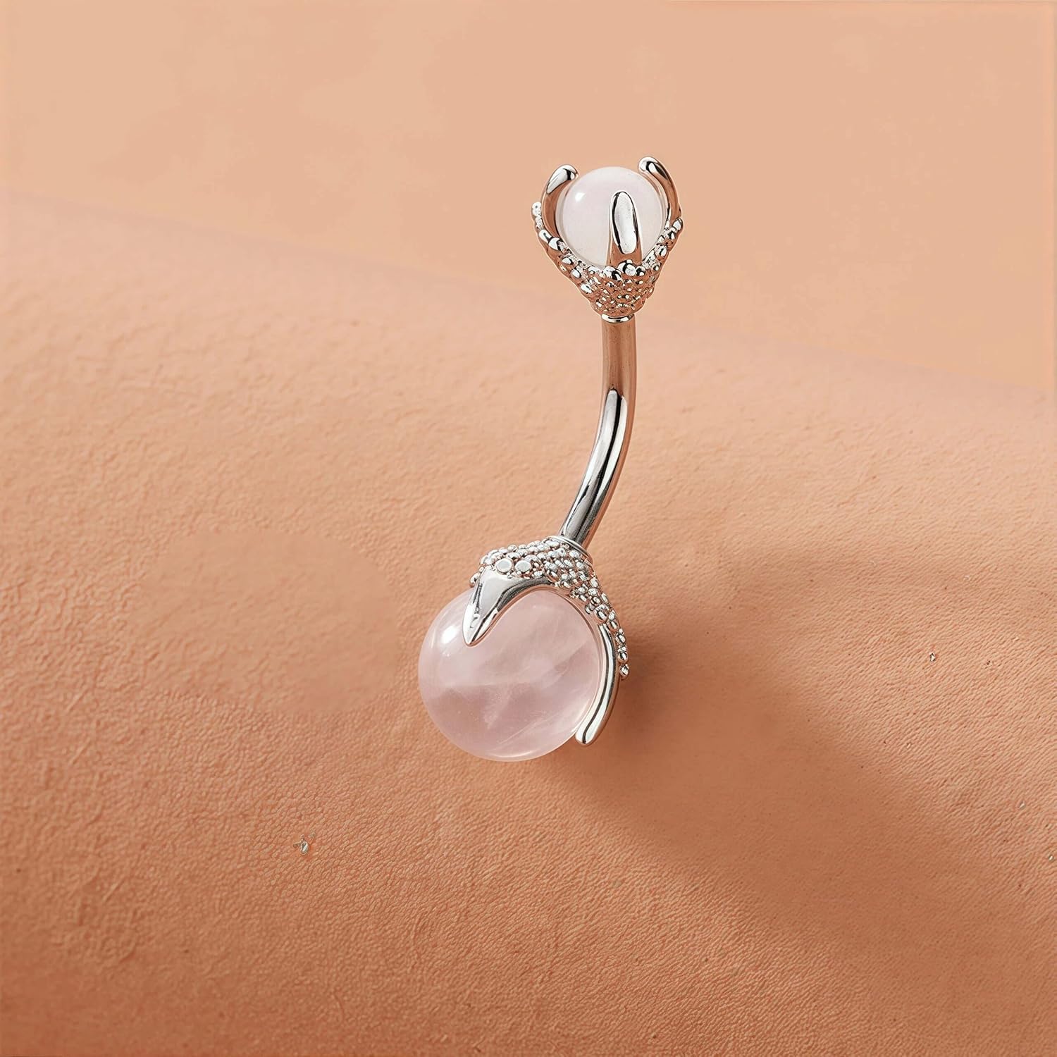 Rose Quartz Belly Button Ring, Dragon Claw Holding Gemstone Stainless Steel Belly Button Rings, Silver Short Navel Ring for Women Body Piercing Jewelry - Image 4
