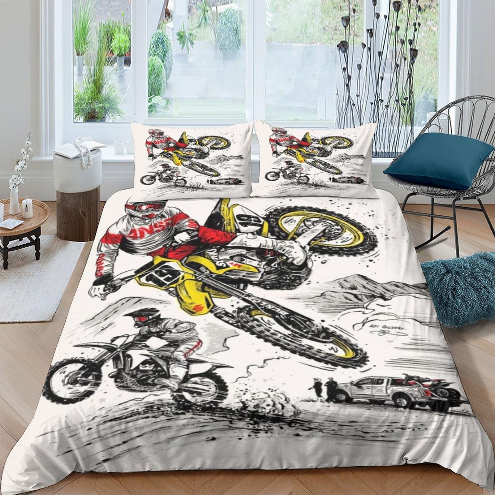 epivo Dirt Bike 3D Motocross Duvet Cover Sets，100% Microfiber Motocross Bedding Set with Pillow Shams 3PCS Bedding Double（200x200cm）