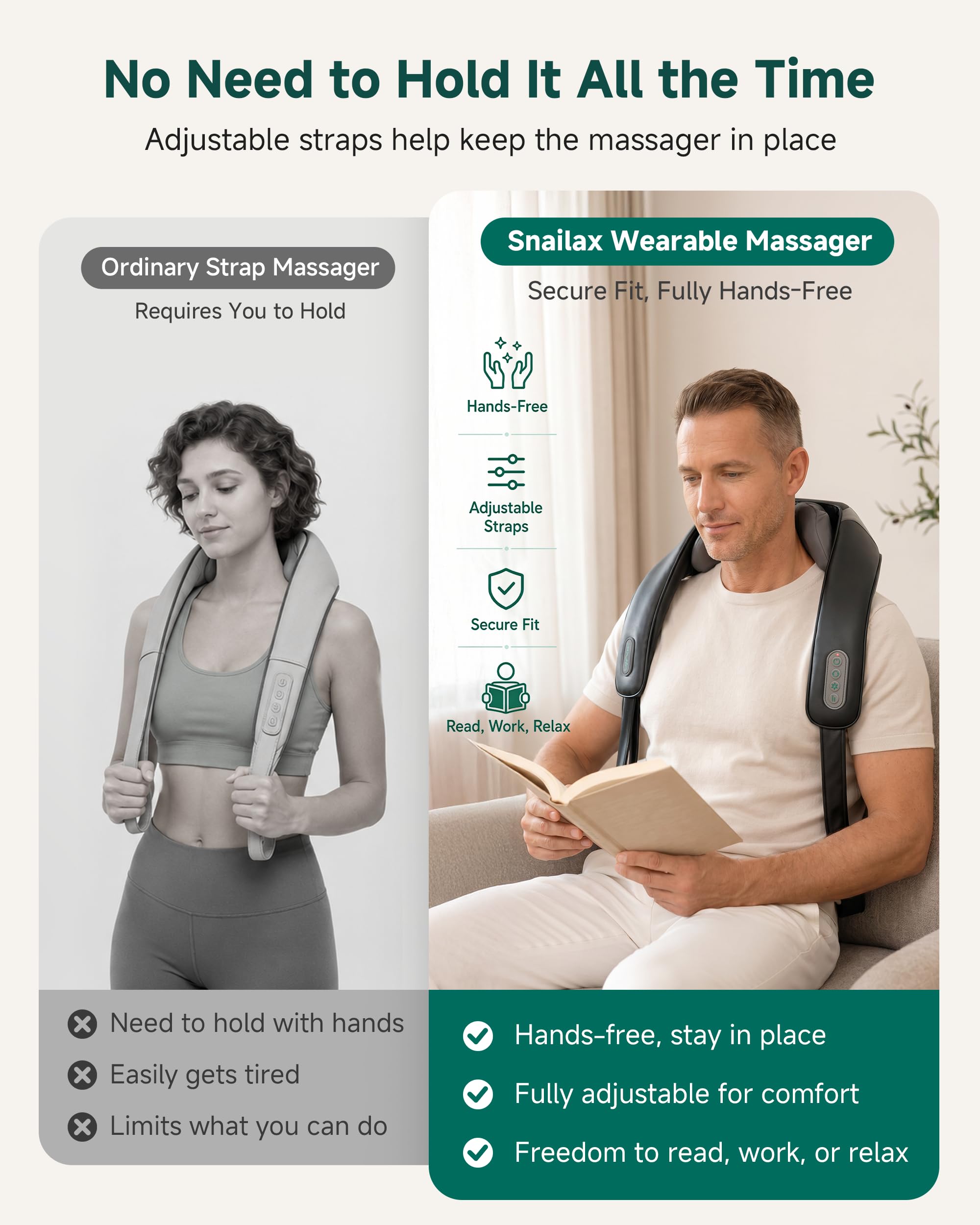 Snailax Masajeador inalámbrico de cuello y hombros con calor relajante, amasamiento profundo 6D mejorado, almohada masajeadora de espalda Shiatsu para cuello, trampas, regalos para hombres, mujeres