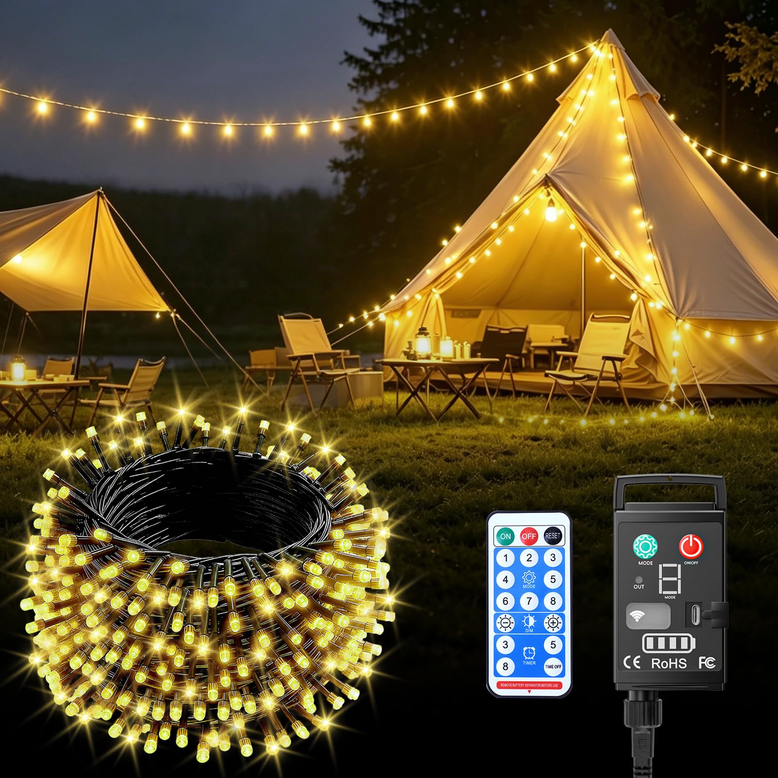 Kinamy LED Lichterkette Außen Batterie, 10M 100 LED Warmweiß Lichterketten Aussen Innen USB Aufladbare, 8 Modi mit Timer und Fernbedienung, Wasserdicht Lichterkette Outdoor für Balkon Weihnachten